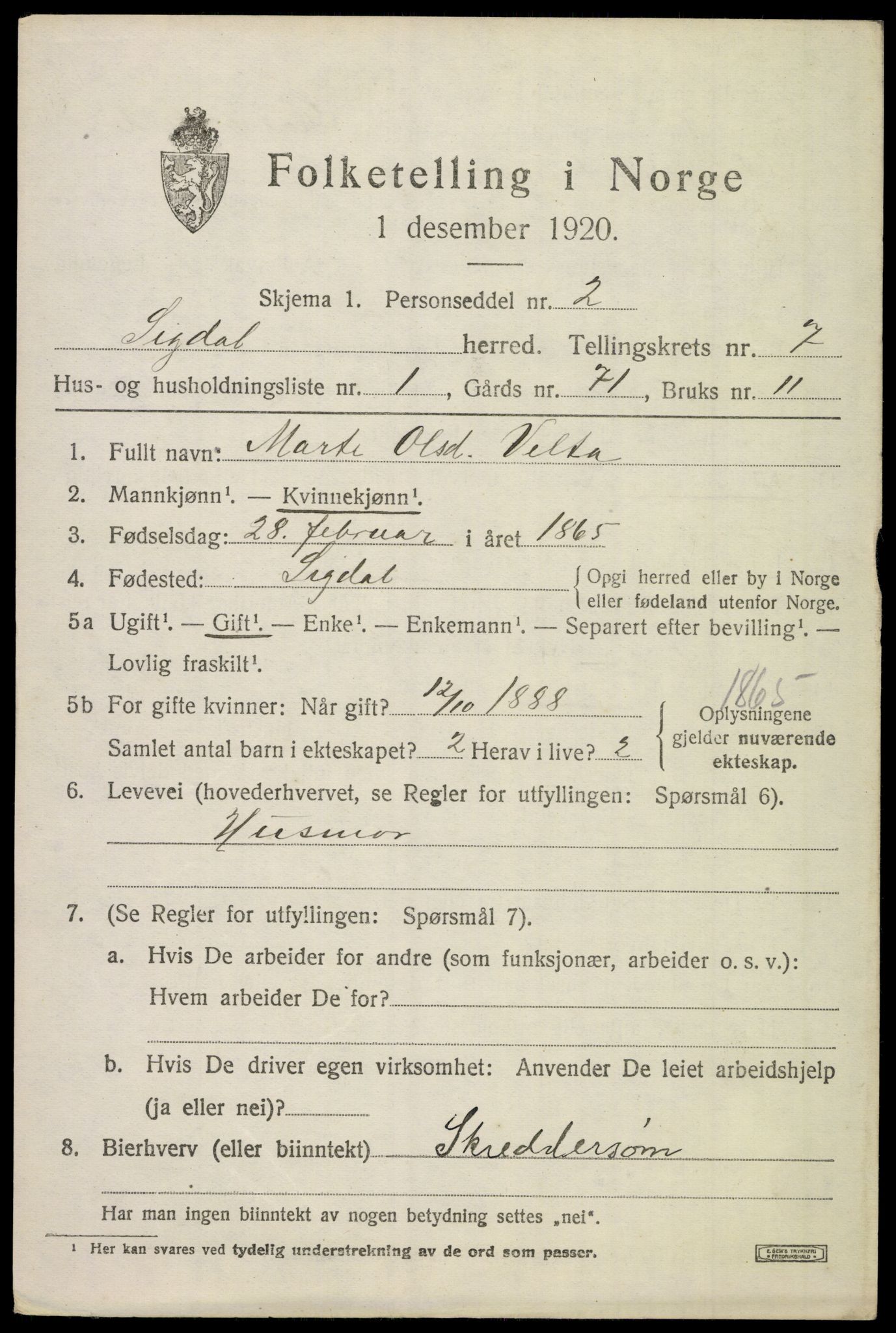 SAKO, 1920 census for Sigdal, 1920, p. 5460