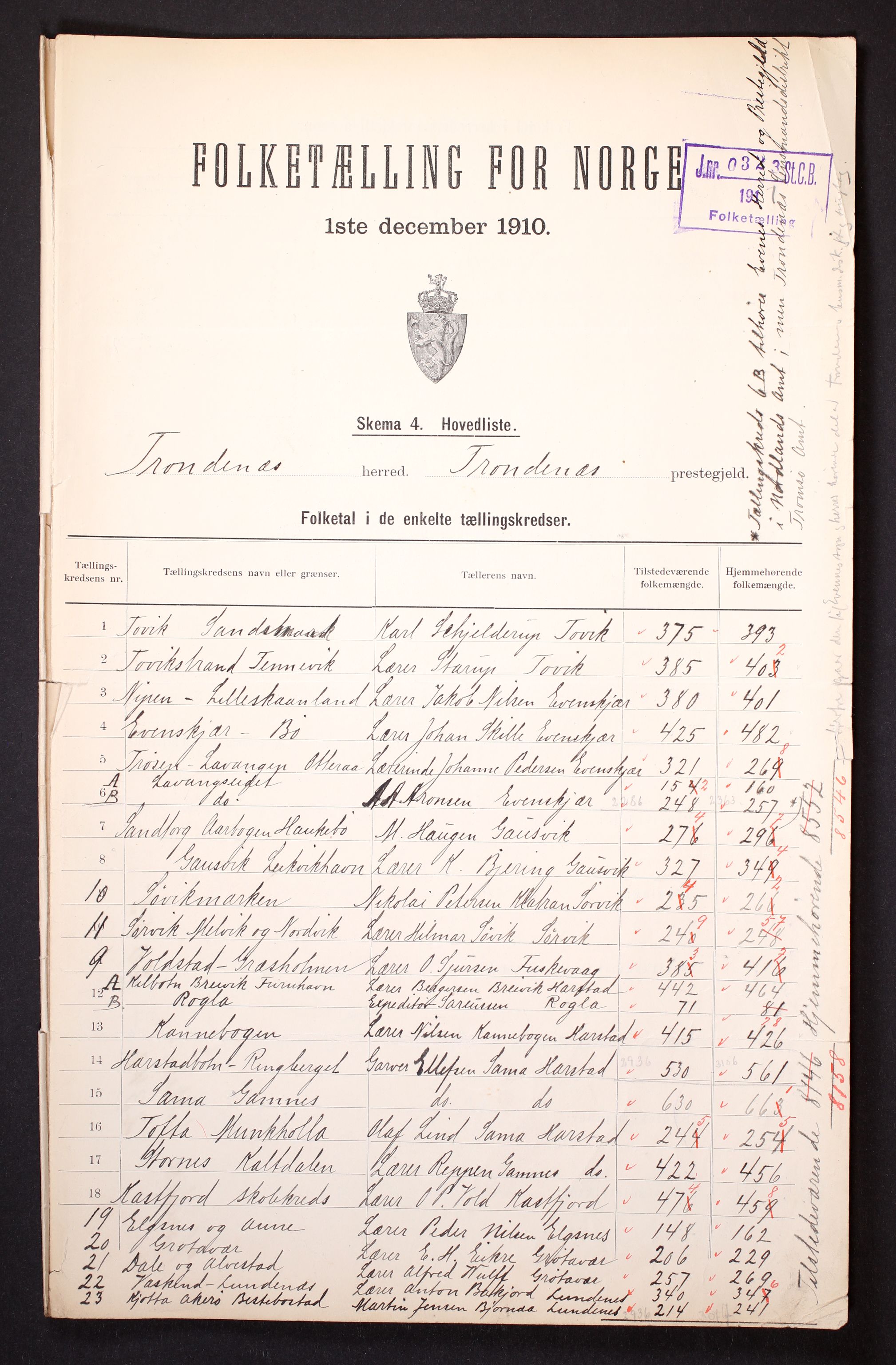 RA, 1910 census for Trondenes, 1910, p. 2