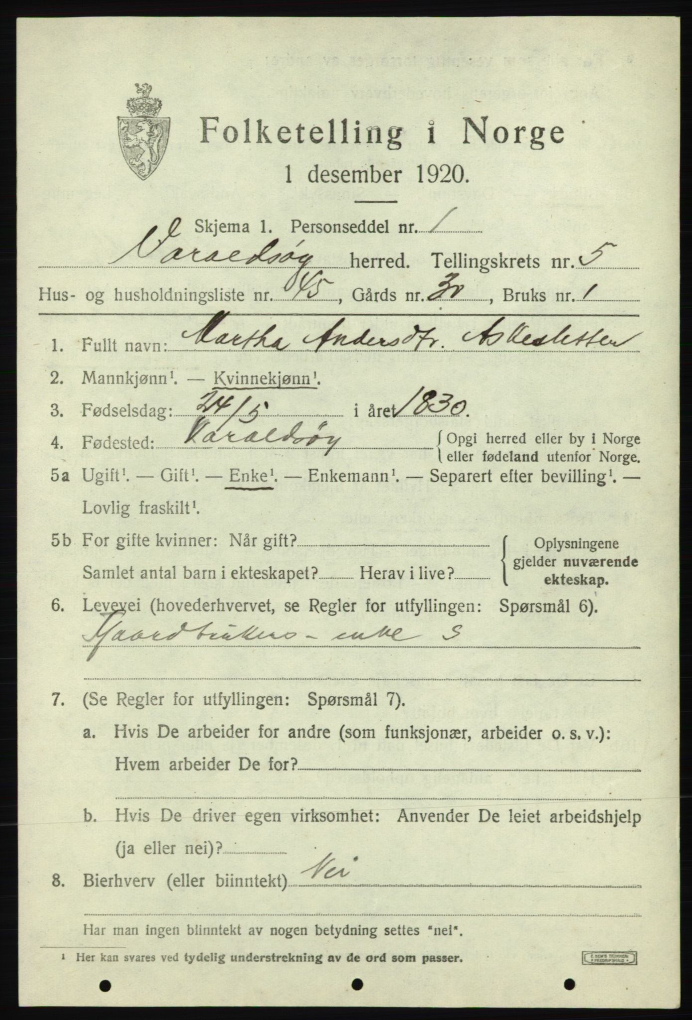 SAB, 1920 census for Varaldsøy, 1920, p. 2287