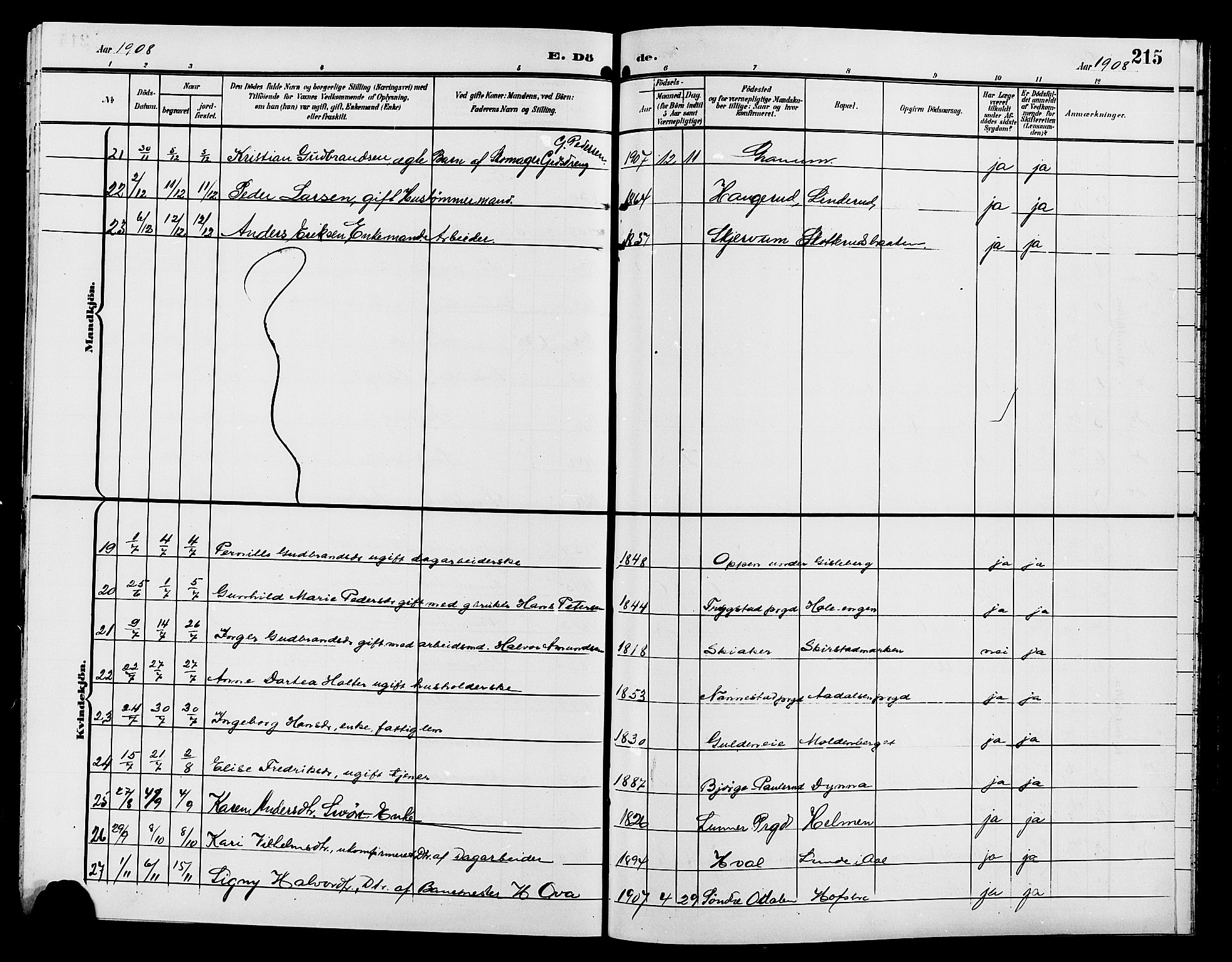 Gran prestekontor, SAH/PREST-112/H/Ha/Hab/L0006: Parish register (copy) no. 6, 1901-1911, p. 215
