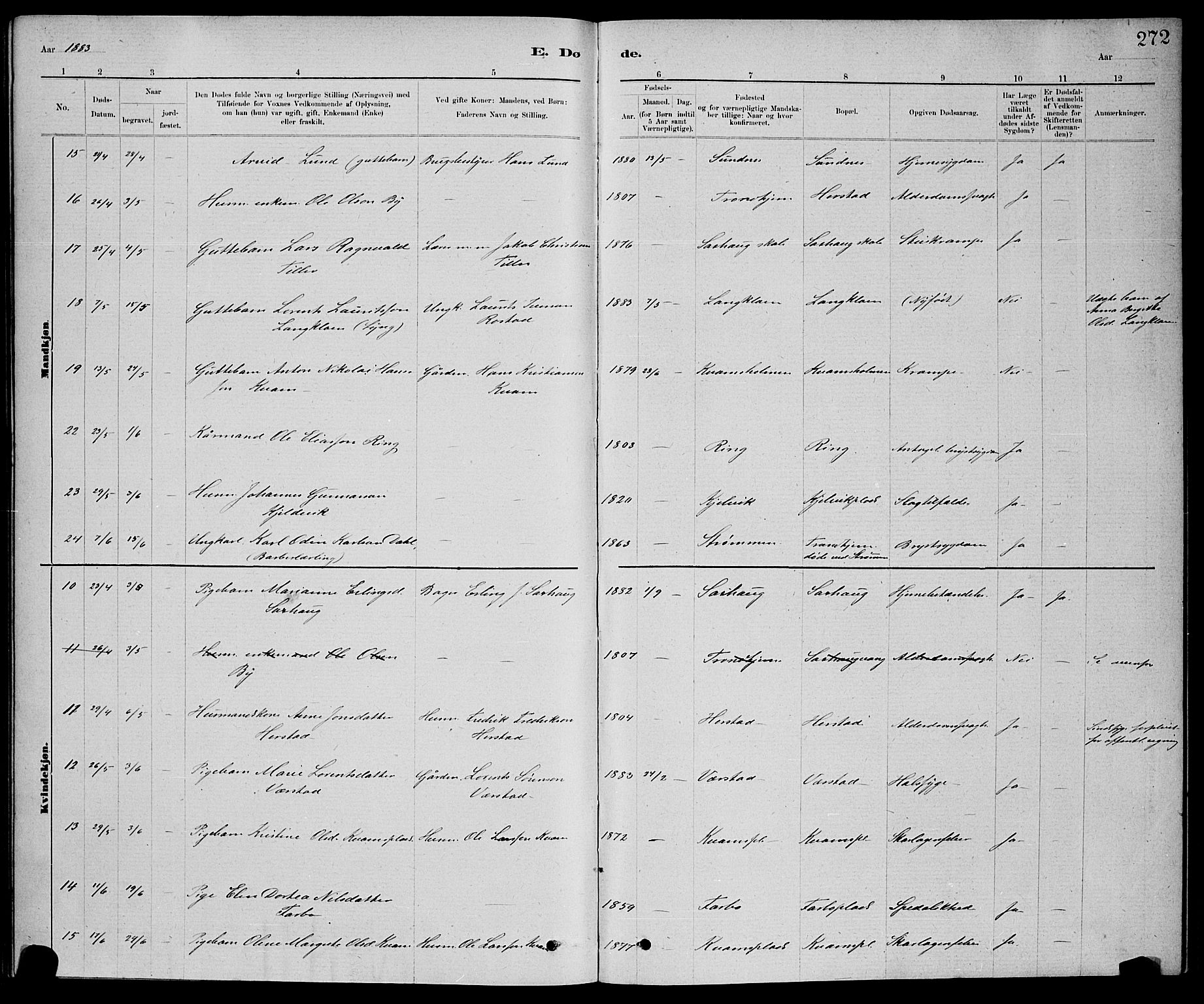 Ministerialprotokoller, klokkerbøker og fødselsregistre - Nord-Trøndelag, AV/SAT-A-1458/730/L0301: Parish register (copy) no. 730C04, 1880-1897, p. 272