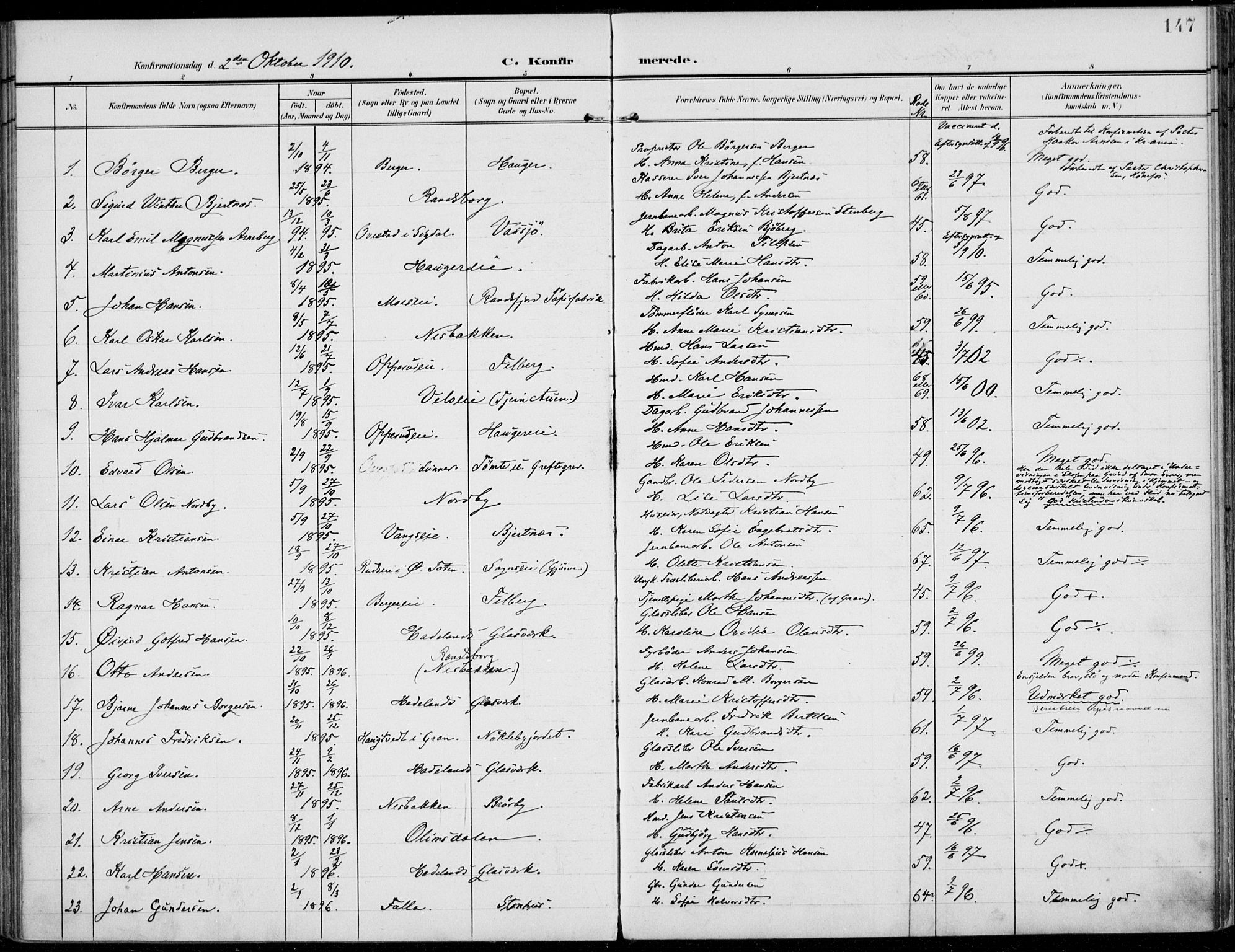 Jevnaker prestekontor, SAH/PREST-116/H/Ha/Haa/L0011: Parish register (official) no. 11, 1902-1913, p. 147