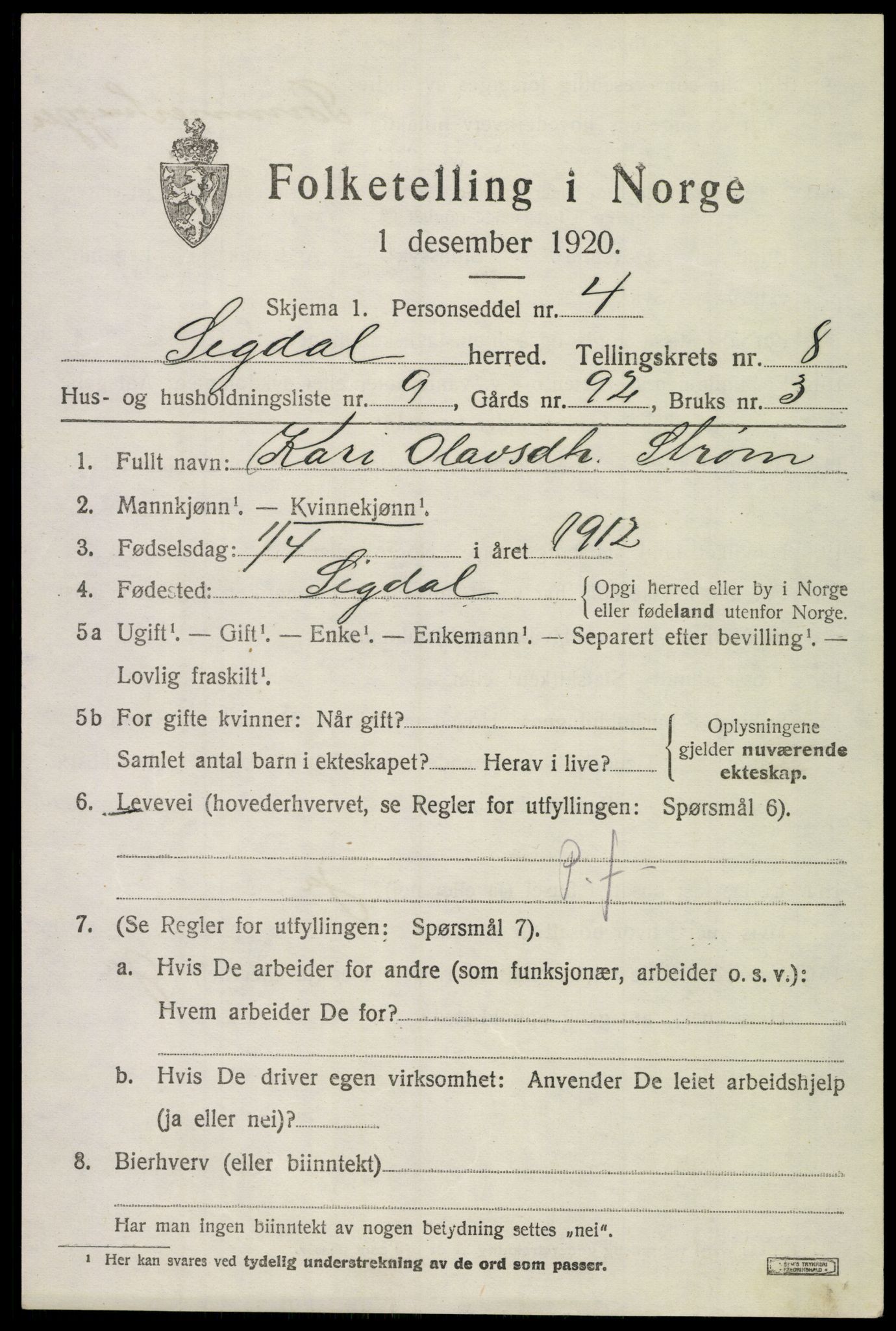 SAKO, 1920 census for Sigdal, 1920, p. 6096