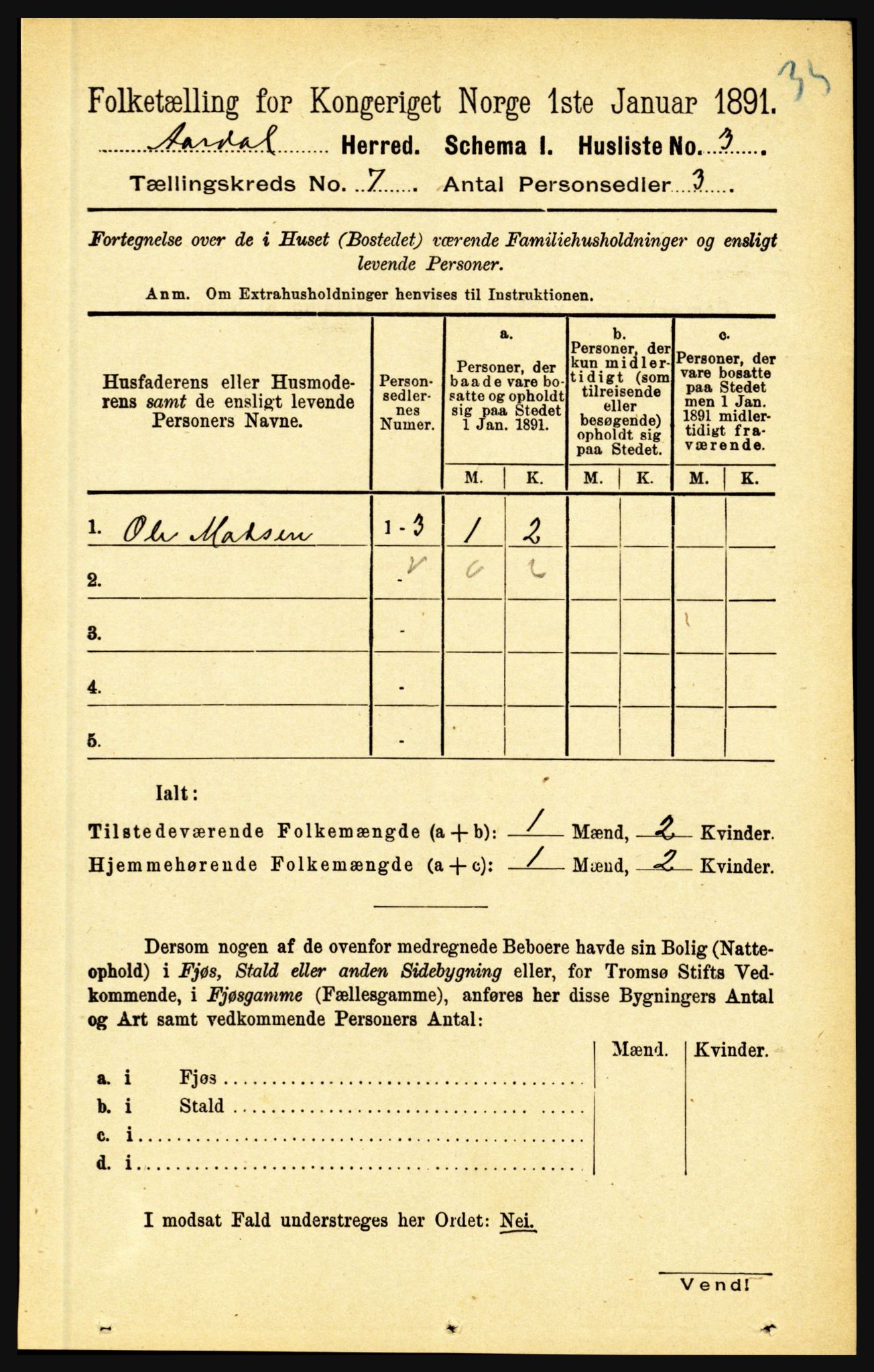 RA, 1891 census for 1424 Årdal, 1891, p. 1436