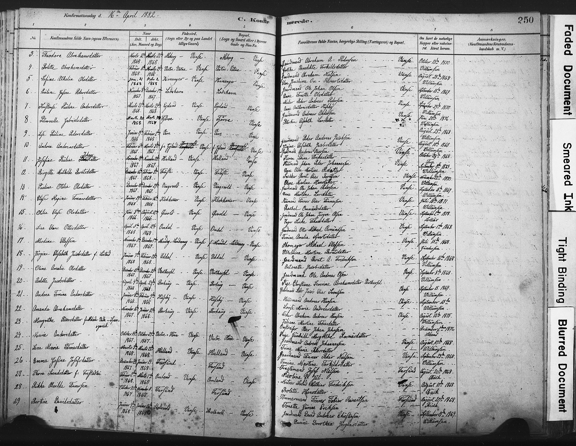 Lista sokneprestkontor, AV/SAK-1111-0027/F/Fa/L0012: Parish register (official) no. A 12, 1879-1903, p. 250