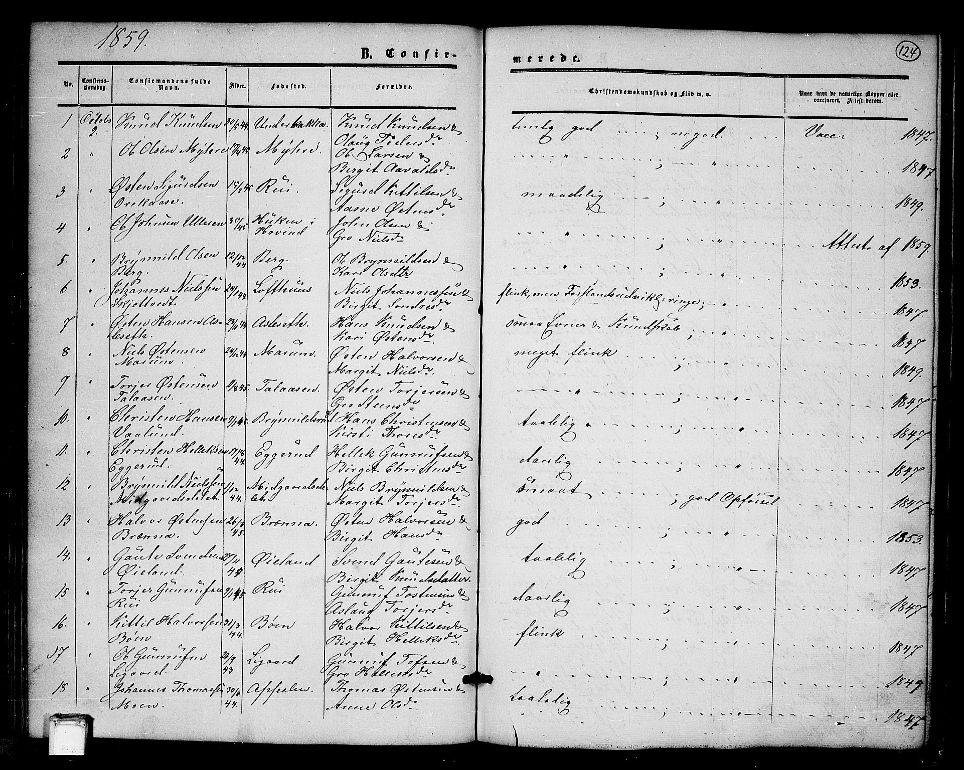 Tinn kirkebøker, SAKO/A-308/G/Ga/L0002: Parish register (copy) no. I 2, 1851-1883, p. 124