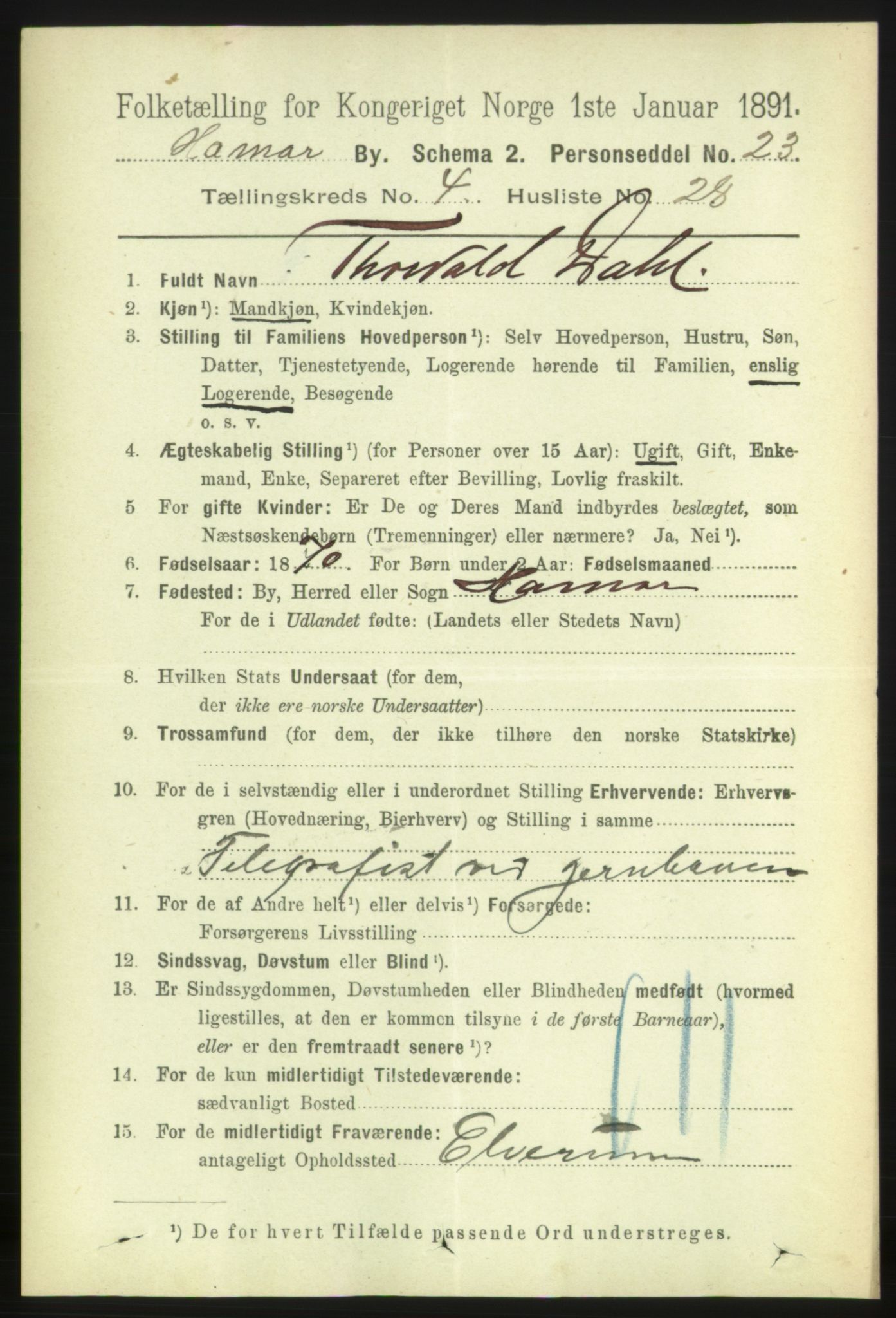 RA, 1891 census for 0401 Hamar, 1891, p. 3340