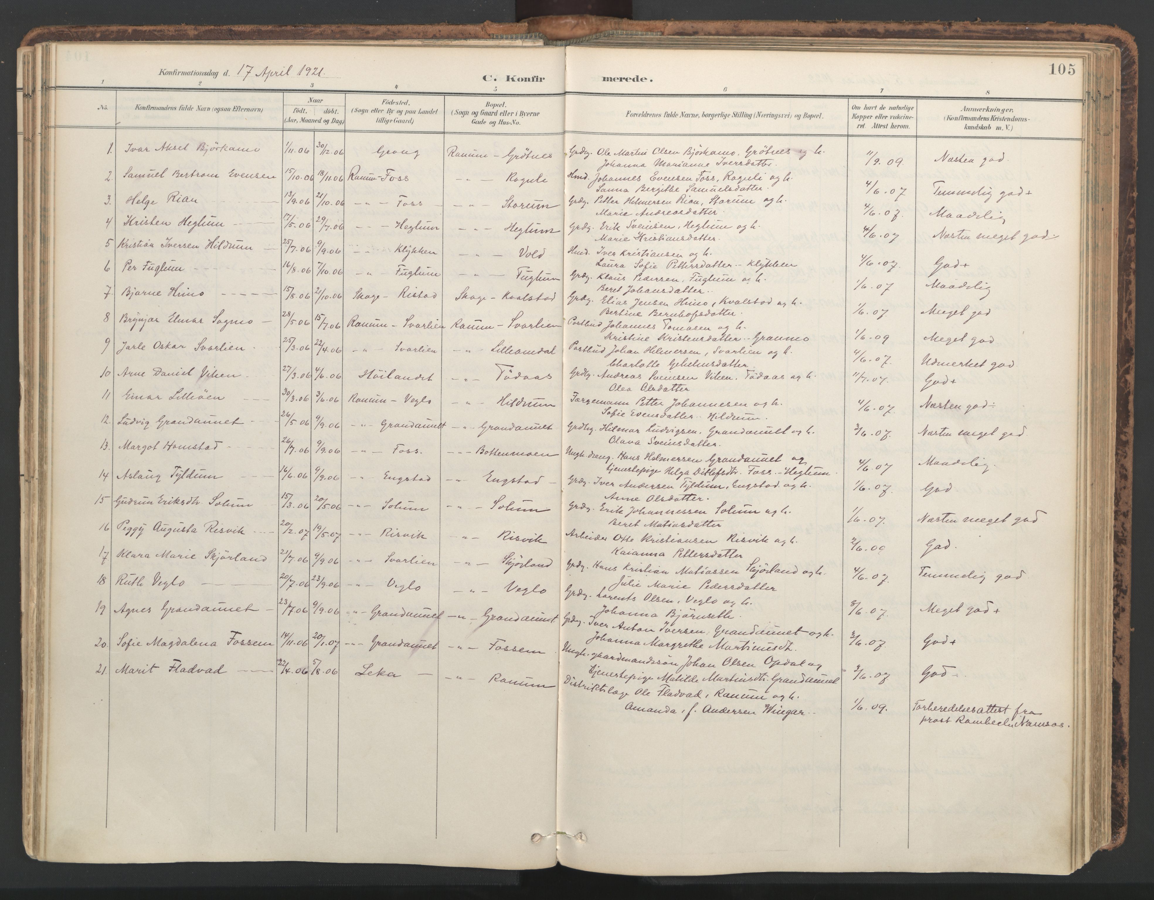Ministerialprotokoller, klokkerbøker og fødselsregistre - Nord-Trøndelag, SAT/A-1458/764/L0556: Parish register (official) no. 764A11, 1897-1924, p. 105