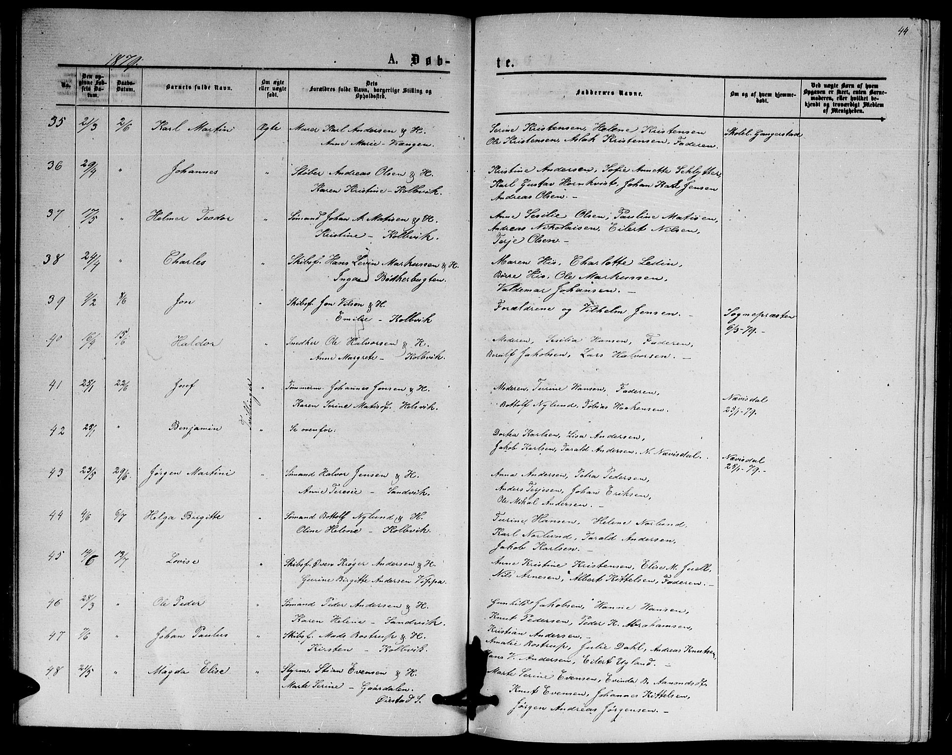 Hisøy sokneprestkontor, SAK/1111-0020/F/Fb/L0002: Parish register (copy) no. B 2, 1873-1885, p. 44