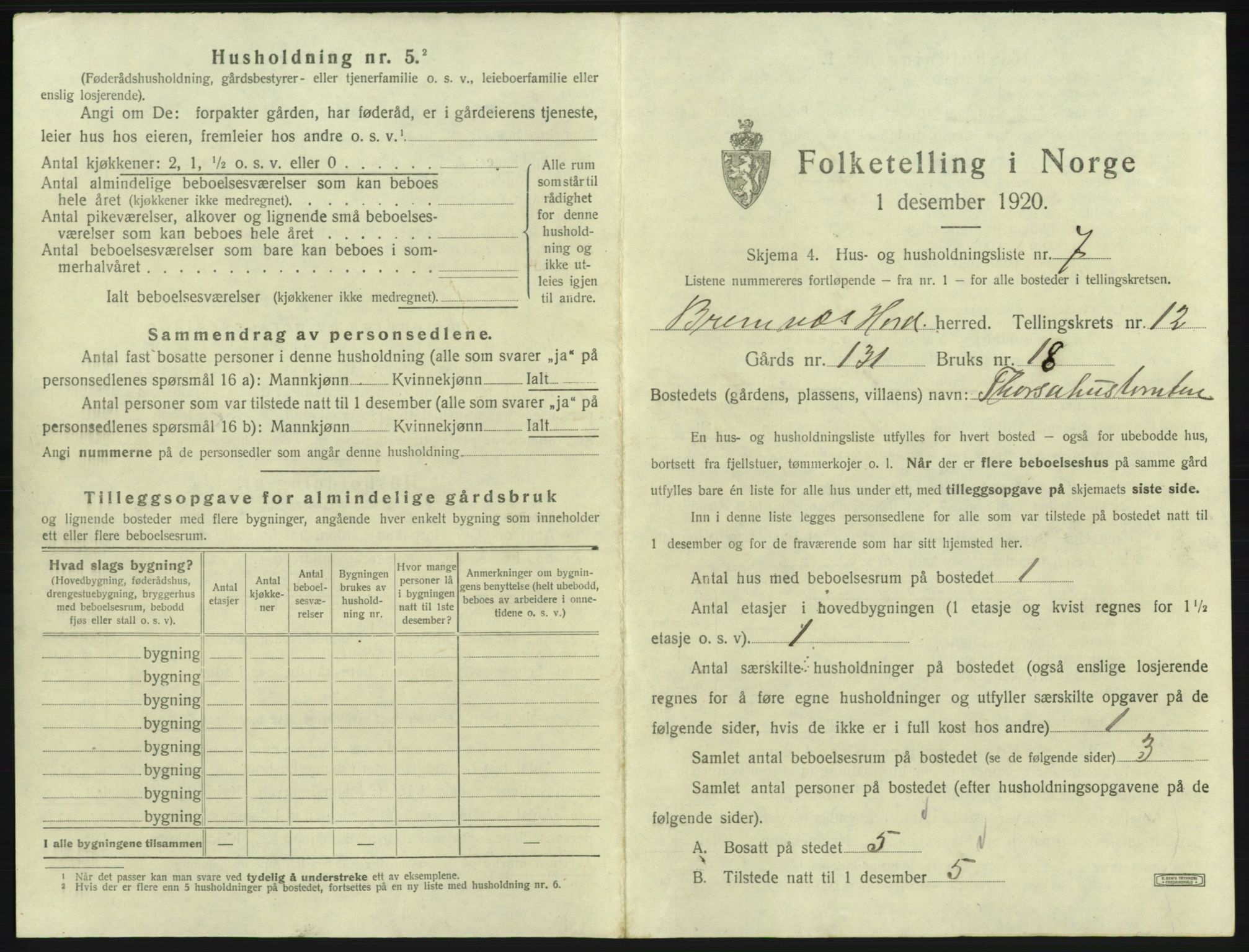 SAB, 1920 census for Bremnes, 1920, p. 1038