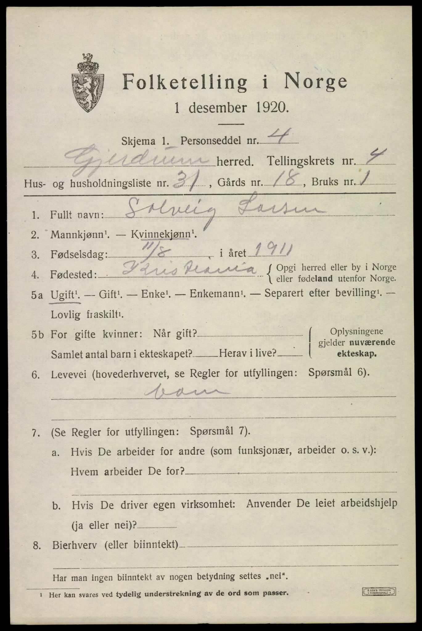 SAO, 1920 census for Gjerdrum, 1920, p. 3636