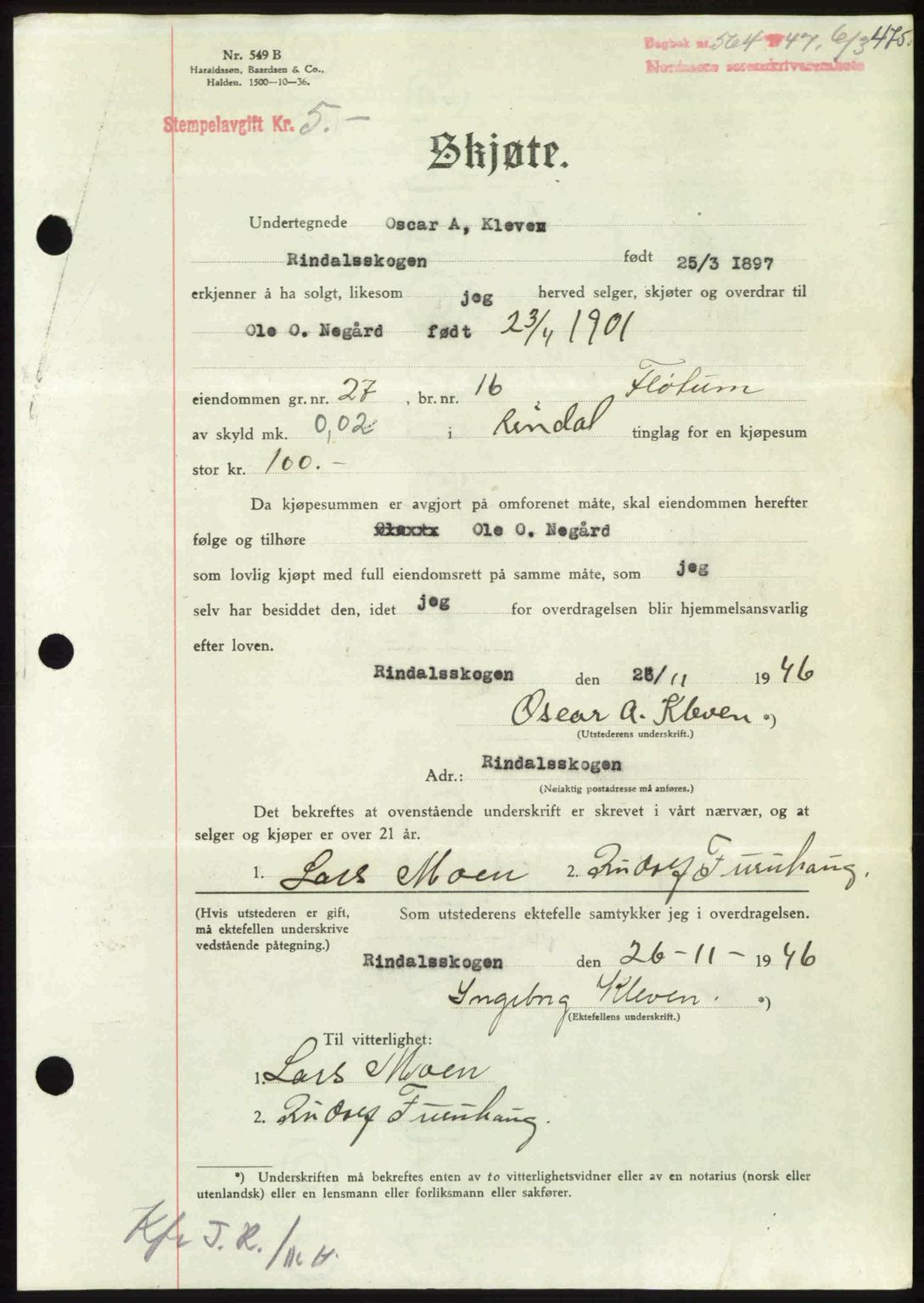 Nordmøre sorenskriveri, AV/SAT-A-4132/1/2/2Ca: Mortgage book no. A104, 1947-1947, Diary no: : 564/1947