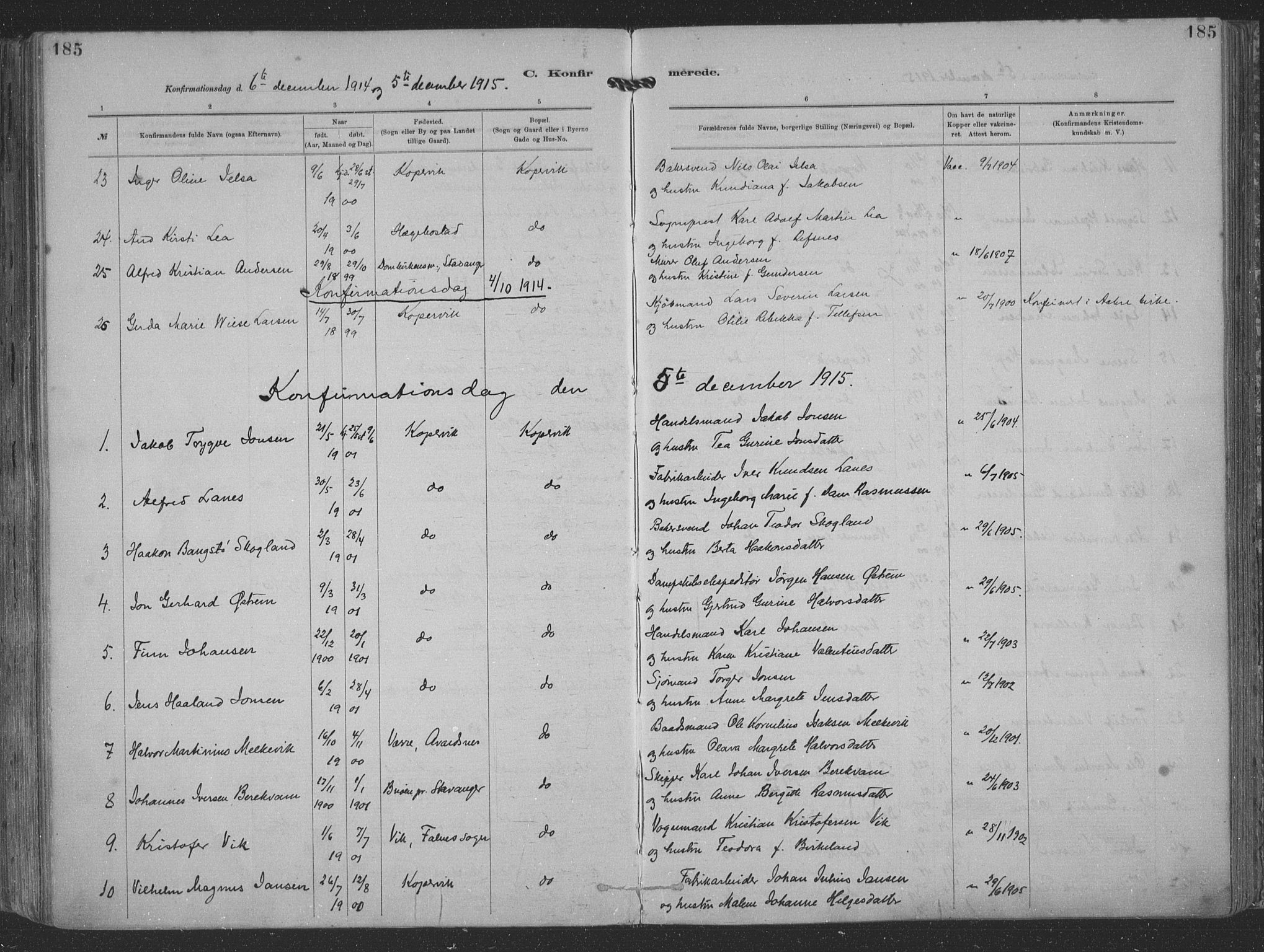 Kopervik sokneprestkontor, AV/SAST-A-101850/H/Ha/Haa/L0001: Parish register (official) no. A 1, 1880-1919, p. 185