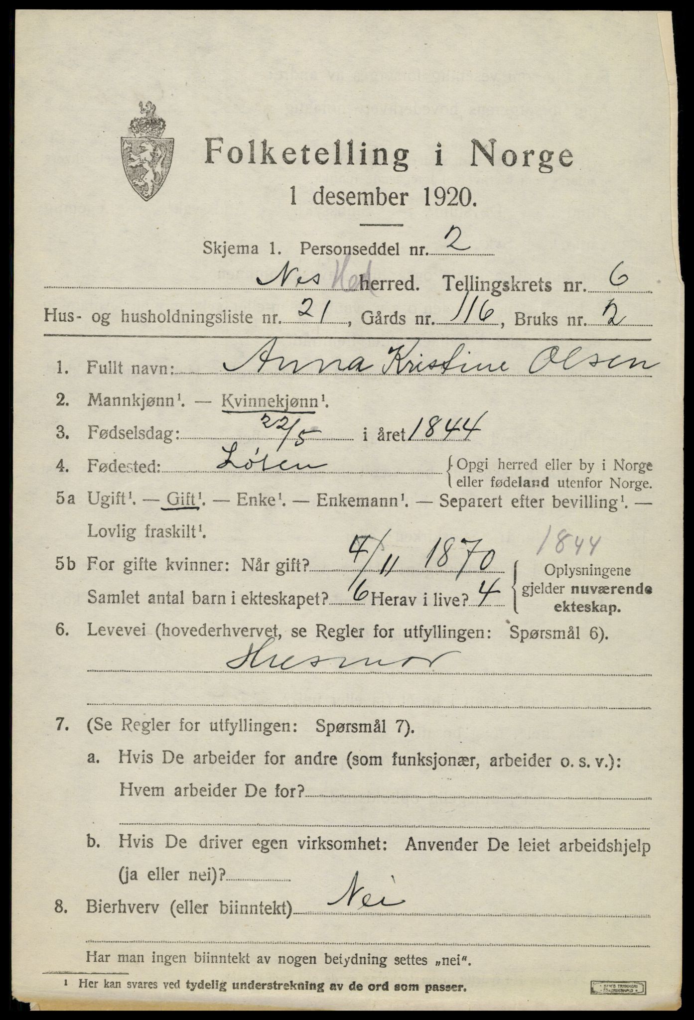 SAH, 1920 census for Nes (Hedmark), 1920, p. 8008