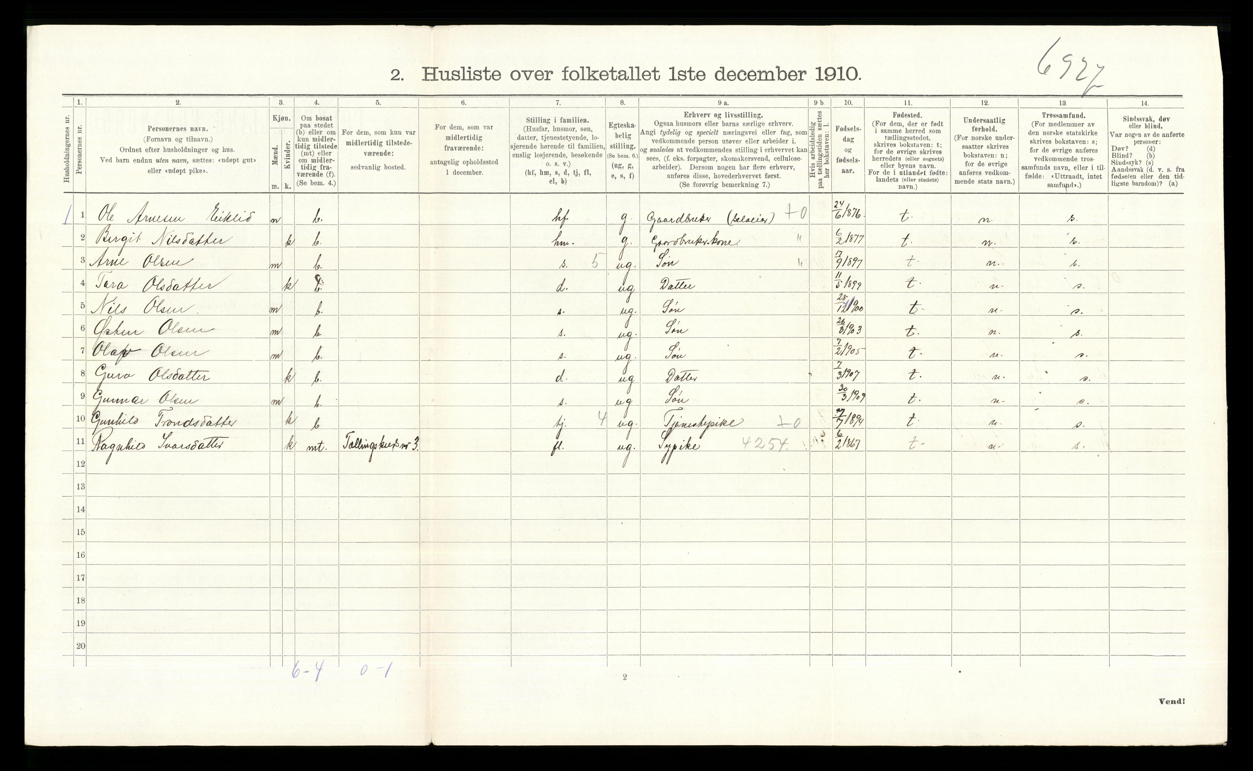 RA, 1910 census for Gol, 1910, p. 251