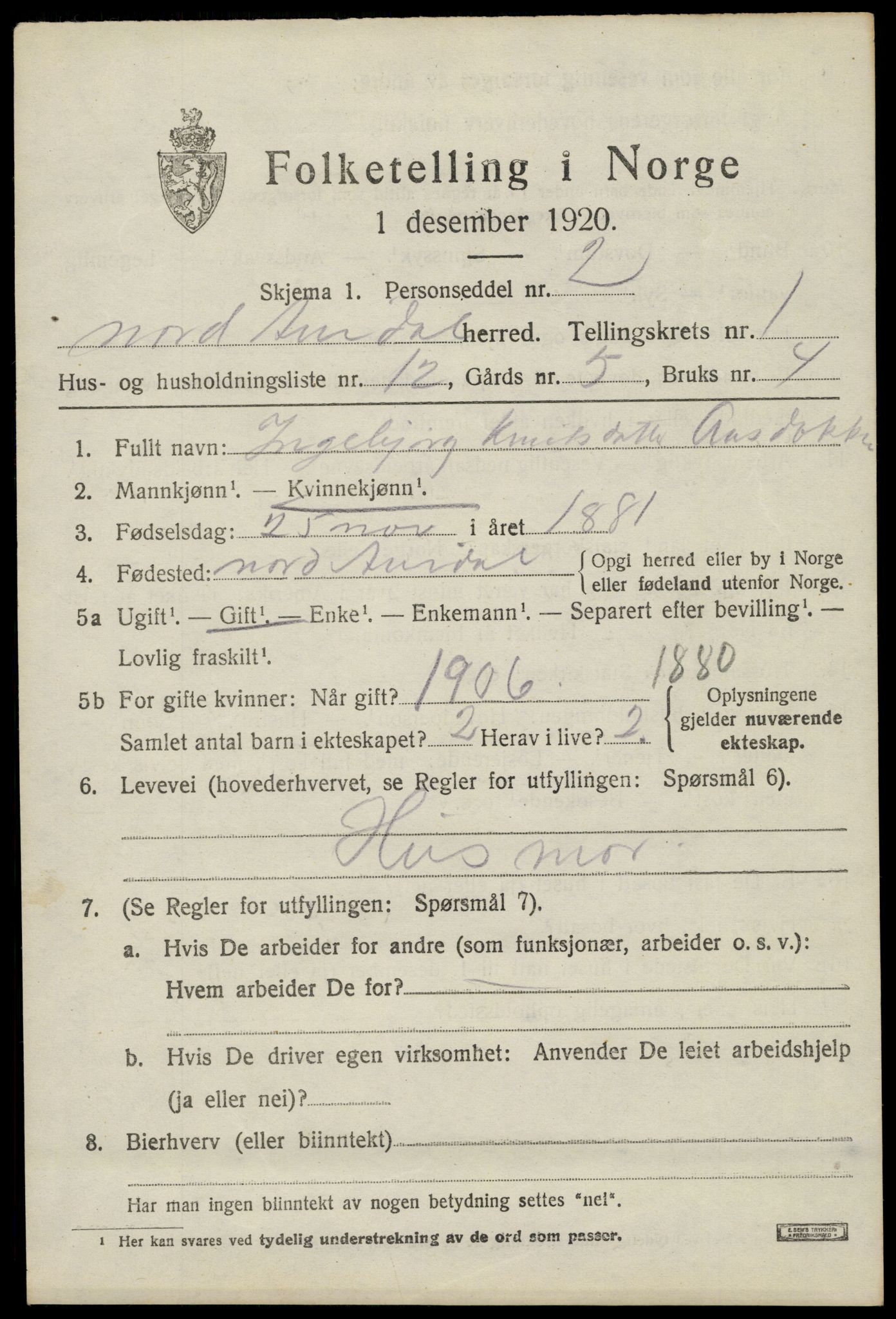 SAH, 1920 census for Nord-Aurdal, 1920, p. 2028