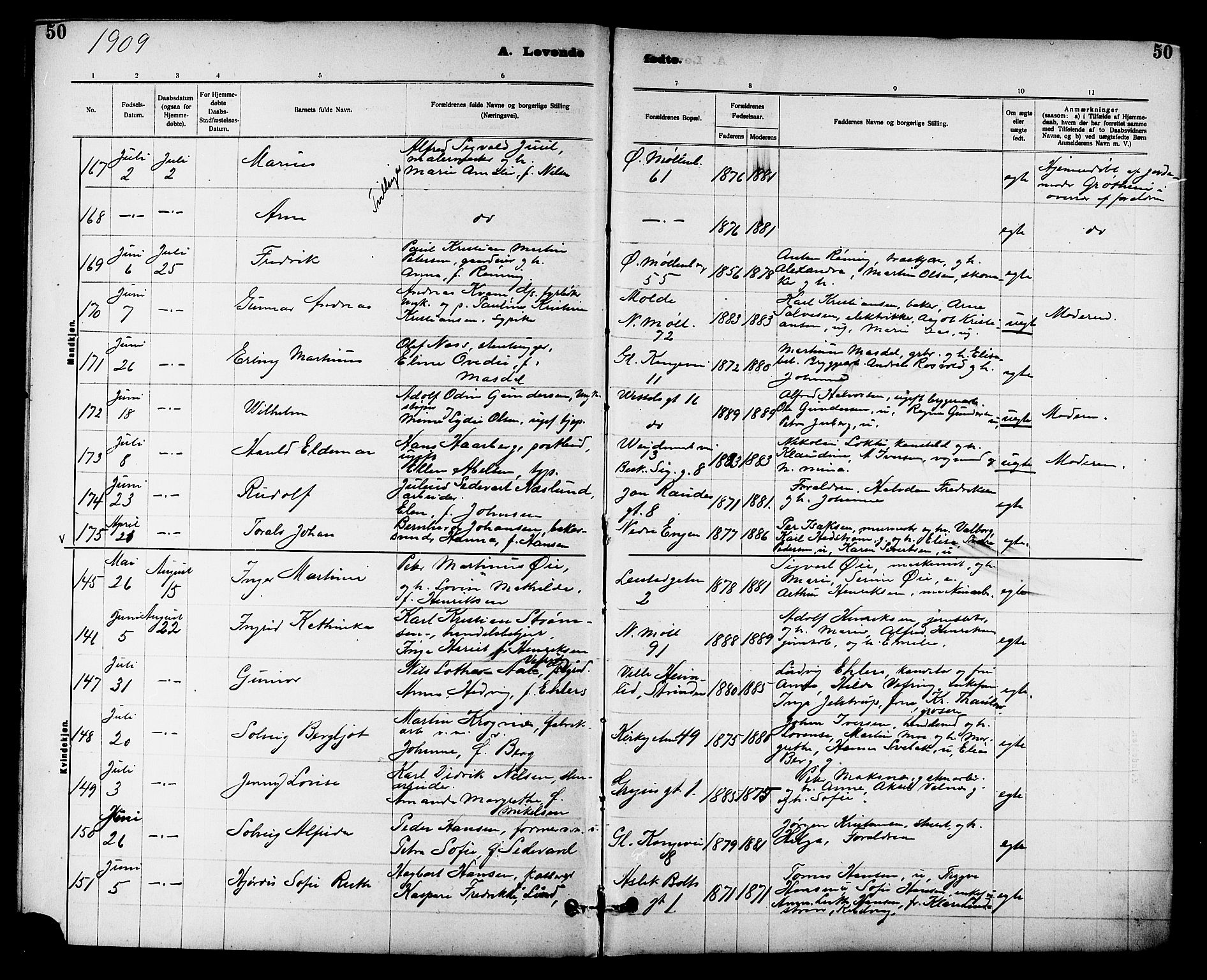 Ministerialprotokoller, klokkerbøker og fødselsregistre - Sør-Trøndelag, AV/SAT-A-1456/605/L0254: Parish register (copy) no. 605C01, 1908-1916, p. 50