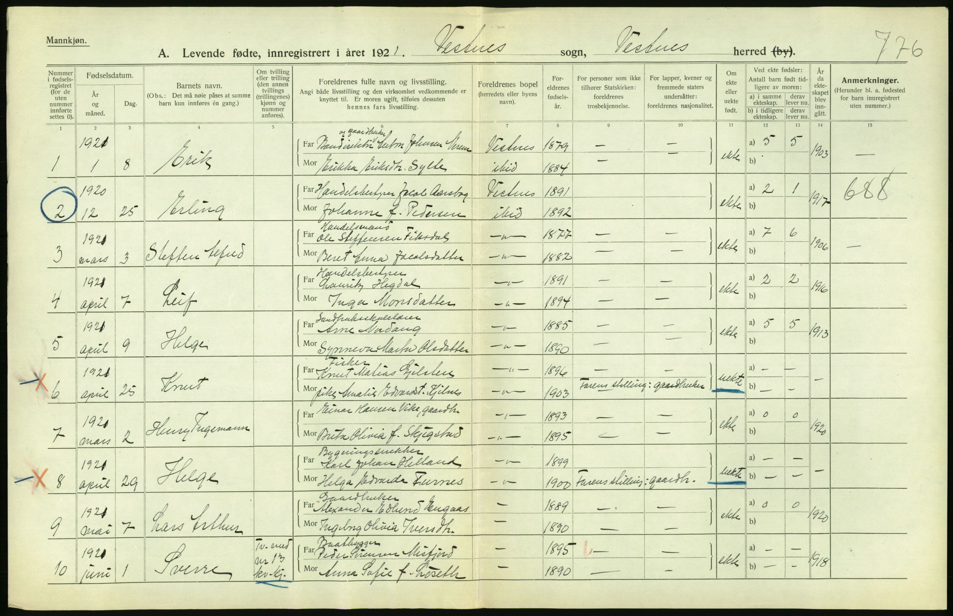 Statistisk sentralbyrå, Sosiodemografiske emner, Befolkning, RA/S-2228/D/Df/Dfc/Dfca/L0040: Møre fylke: Levendefødte menn og kvinner. Bygder., 1921, p. 340