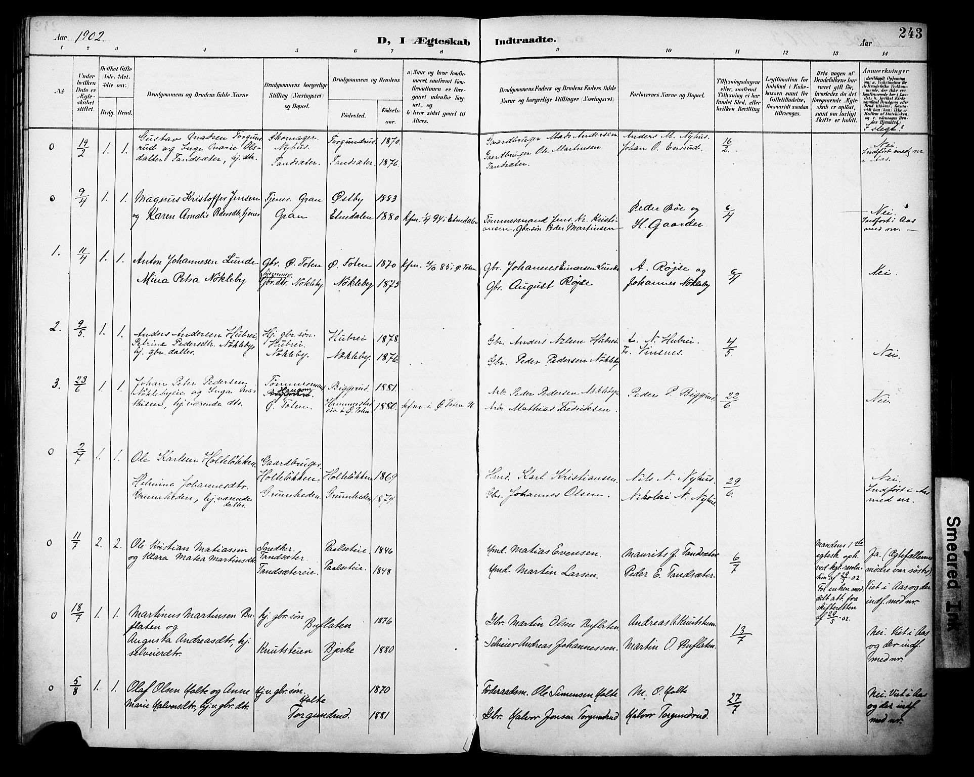 Vestre Toten prestekontor, AV/SAH-PREST-108/H/Ha/Haa/L0013: Parish register (official) no. 13, 1895-1911, p. 243