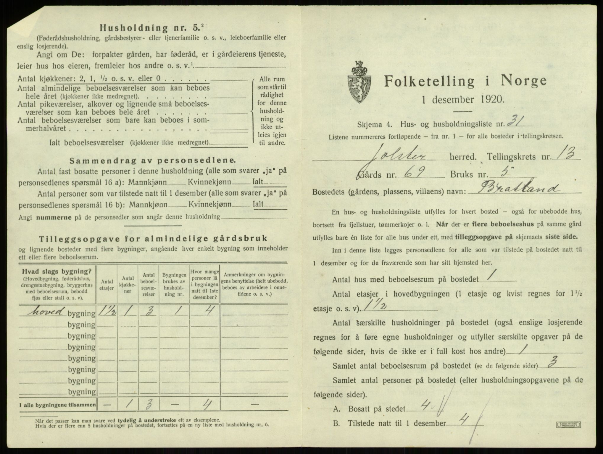 SAB, 1920 census for Jølster, 1920, p. 909