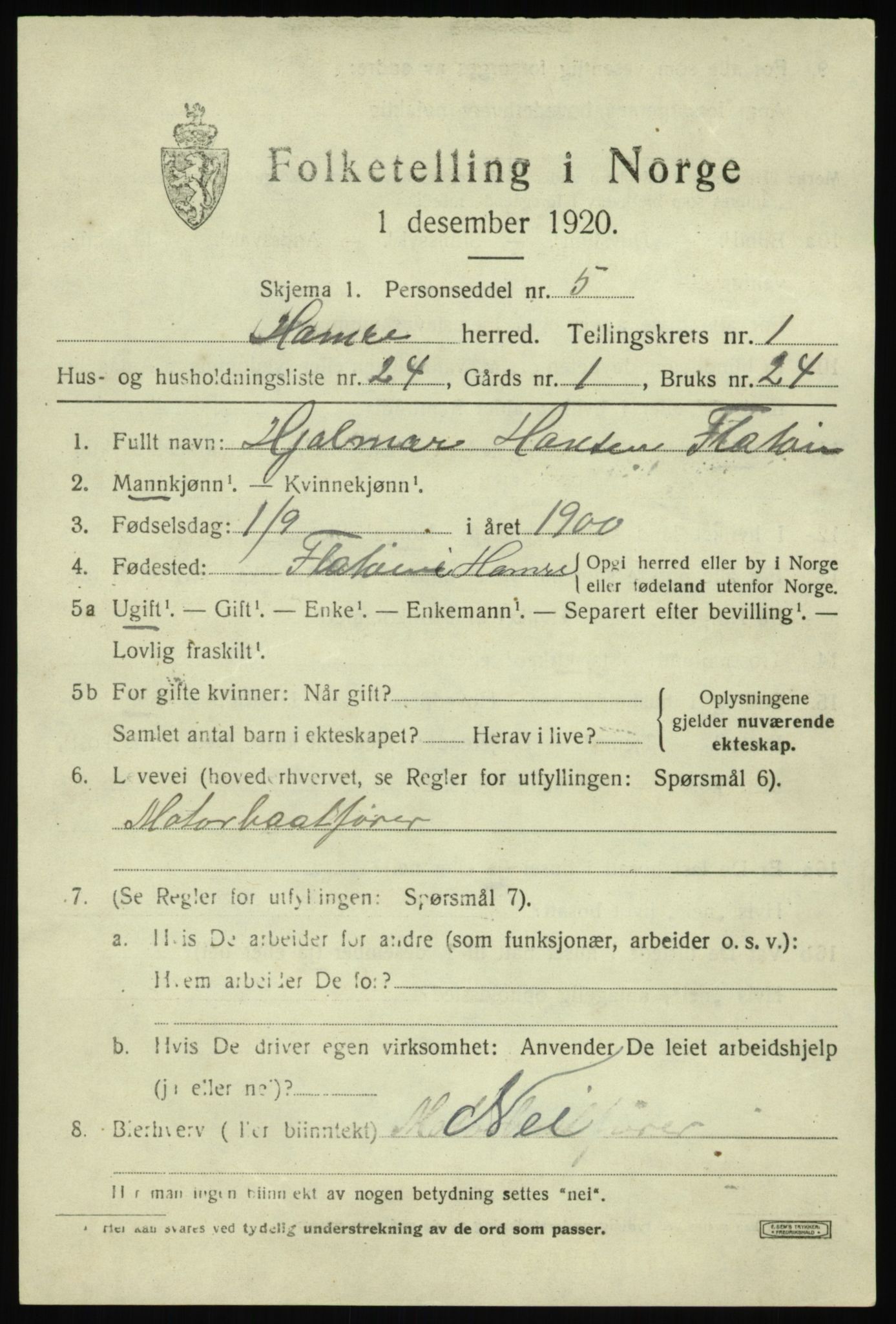 SAB, 1920 census for Hamre, 1920, p. 1251