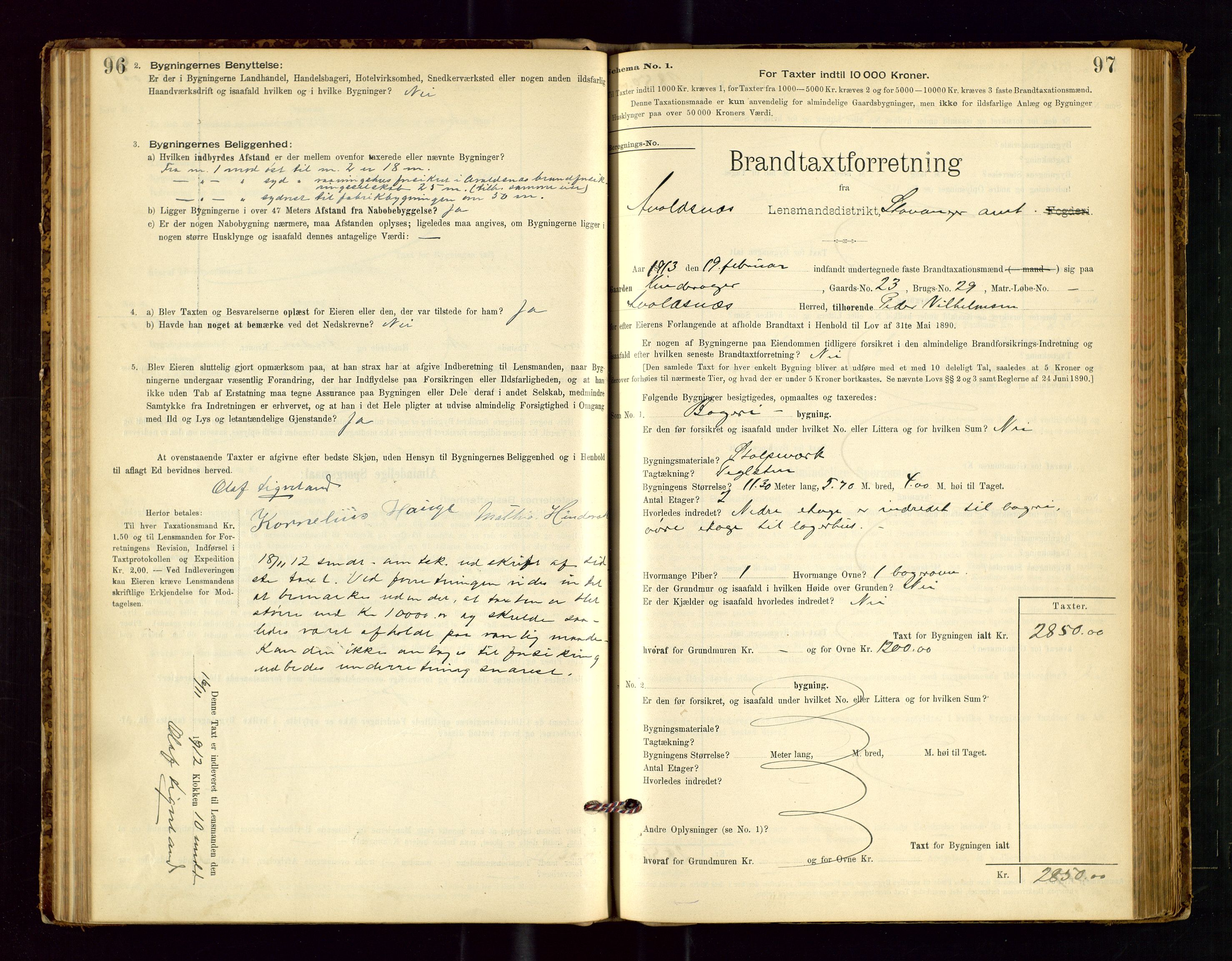 Avaldsnes lensmannskontor, SAST/A-100286/Gob/L0001: "Brandtaxationsprotokol for Avaldsnes Lensmandsdistrikt Ryfylke Fogderi", 1894-1925, p. 96-97