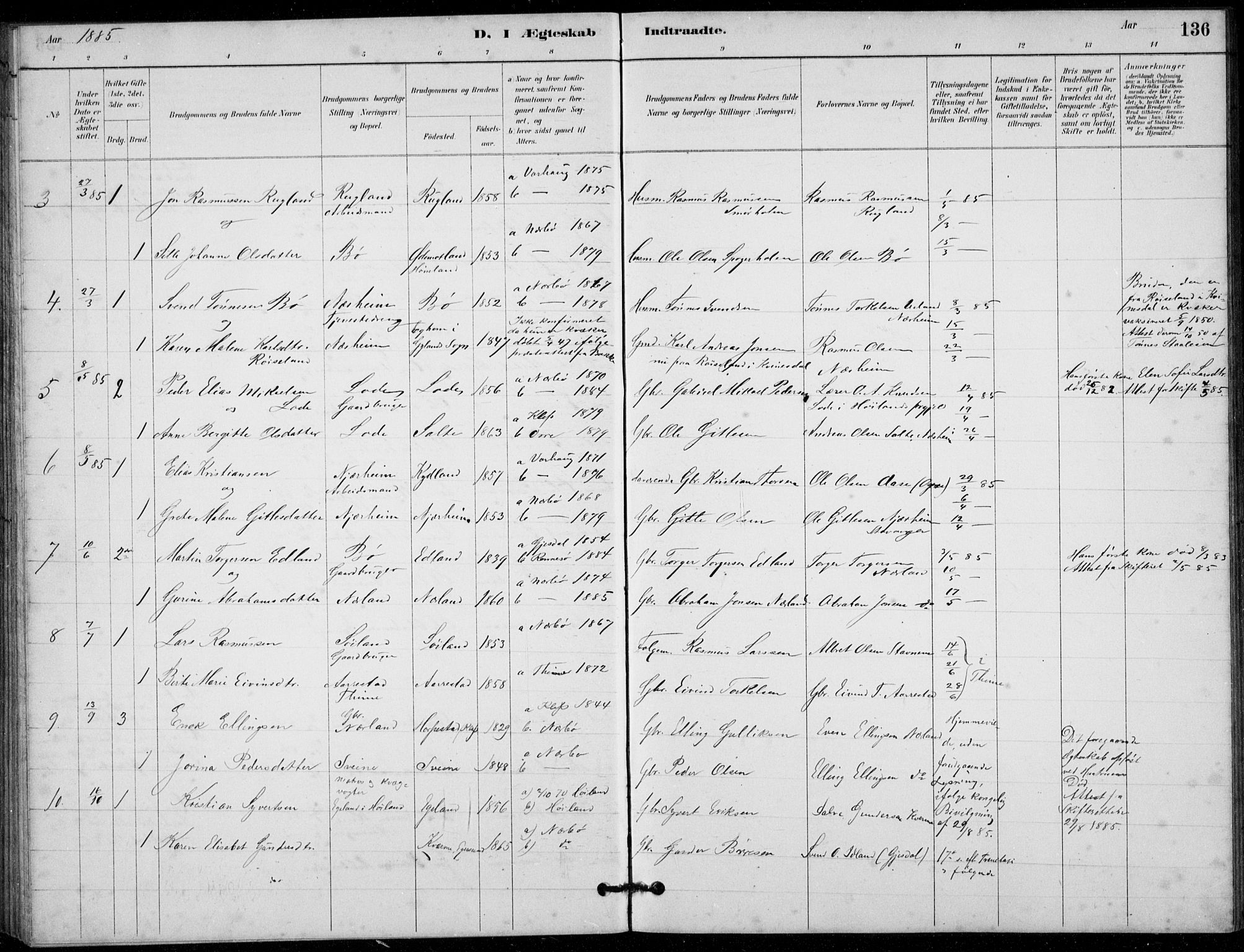 Hå sokneprestkontor, AV/SAST-A-101801/001/30BB/L0003: Parish register (copy) no. B 3, 1883-1894, p. 136