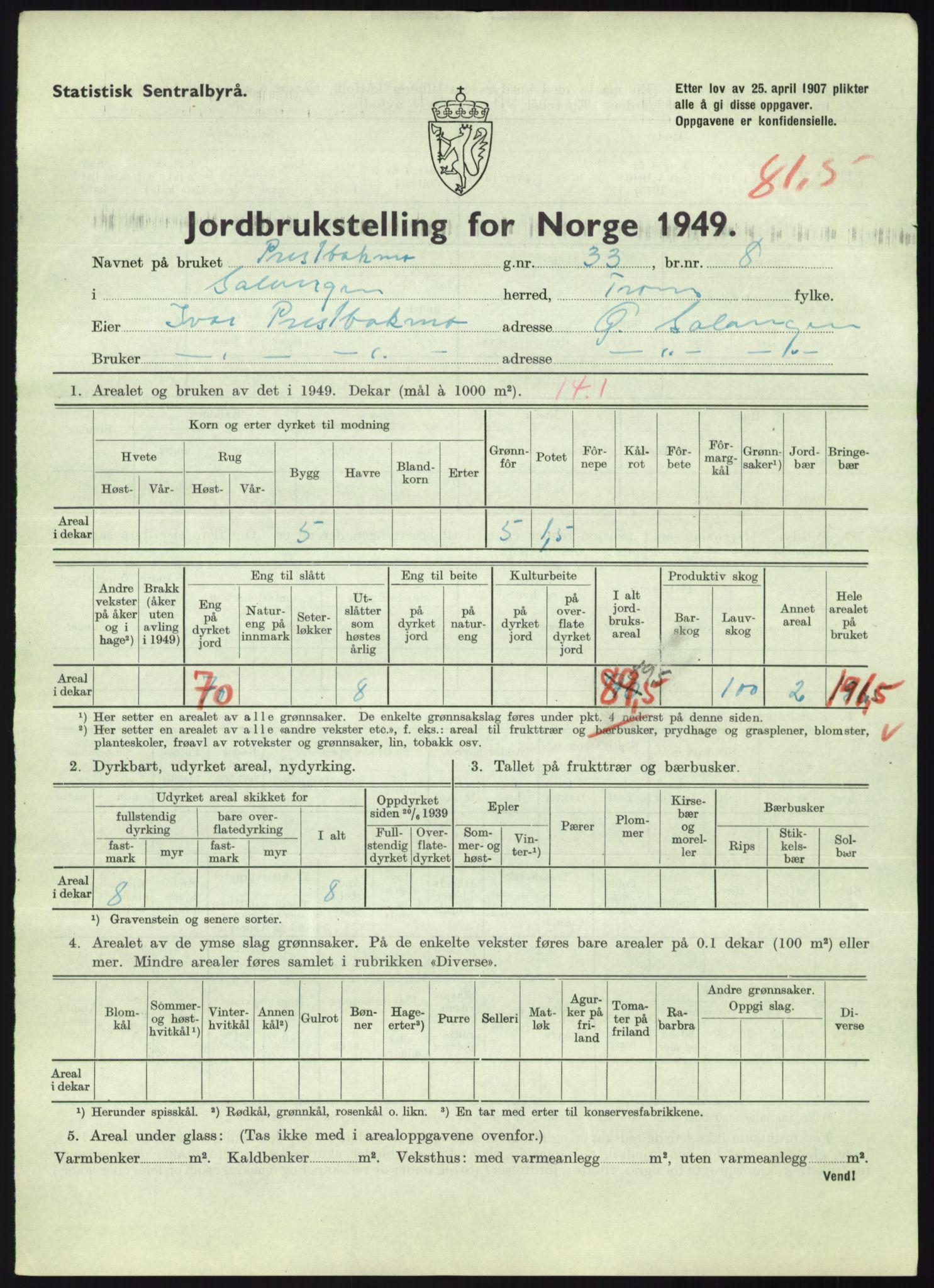 Statistisk sentralbyrå, Næringsøkonomiske emner, Jordbruk, skogbruk, jakt, fiske og fangst, AV/RA-S-2234/G/Gc/L0438: Troms: Salangen og Bardu, 1949, p. 889