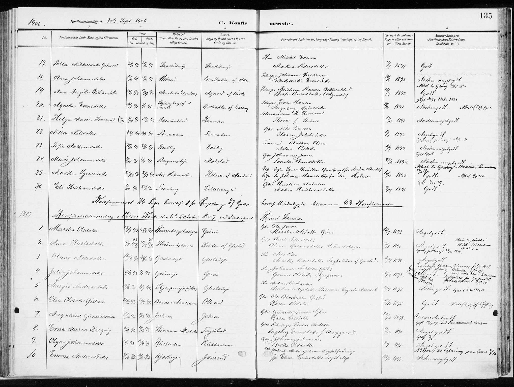 Ringsaker prestekontor, AV/SAH-PREST-014/K/Ka/L0019: Parish register (official) no. 19, 1905-1920, p. 135