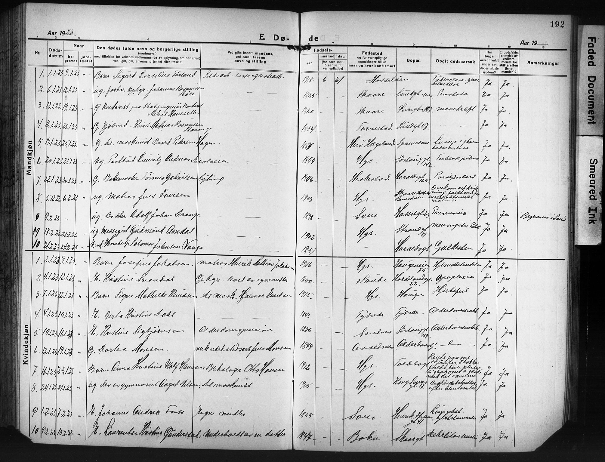 Haugesund sokneprestkontor, SAST/A -101863/H/Ha/Hab/L0010: Parish register (copy) no. B 10, 1920-1931, p. 192