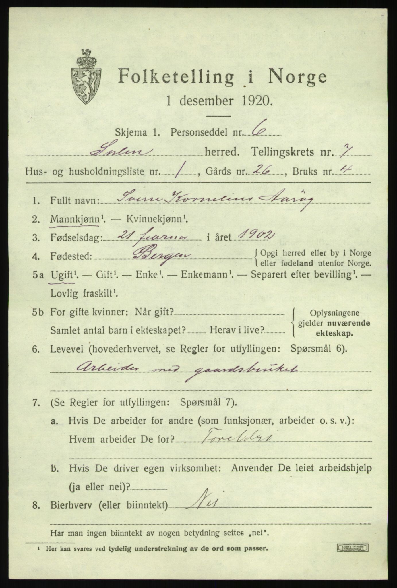 SAB, 1920 census for Solund, 1920, p. 2728