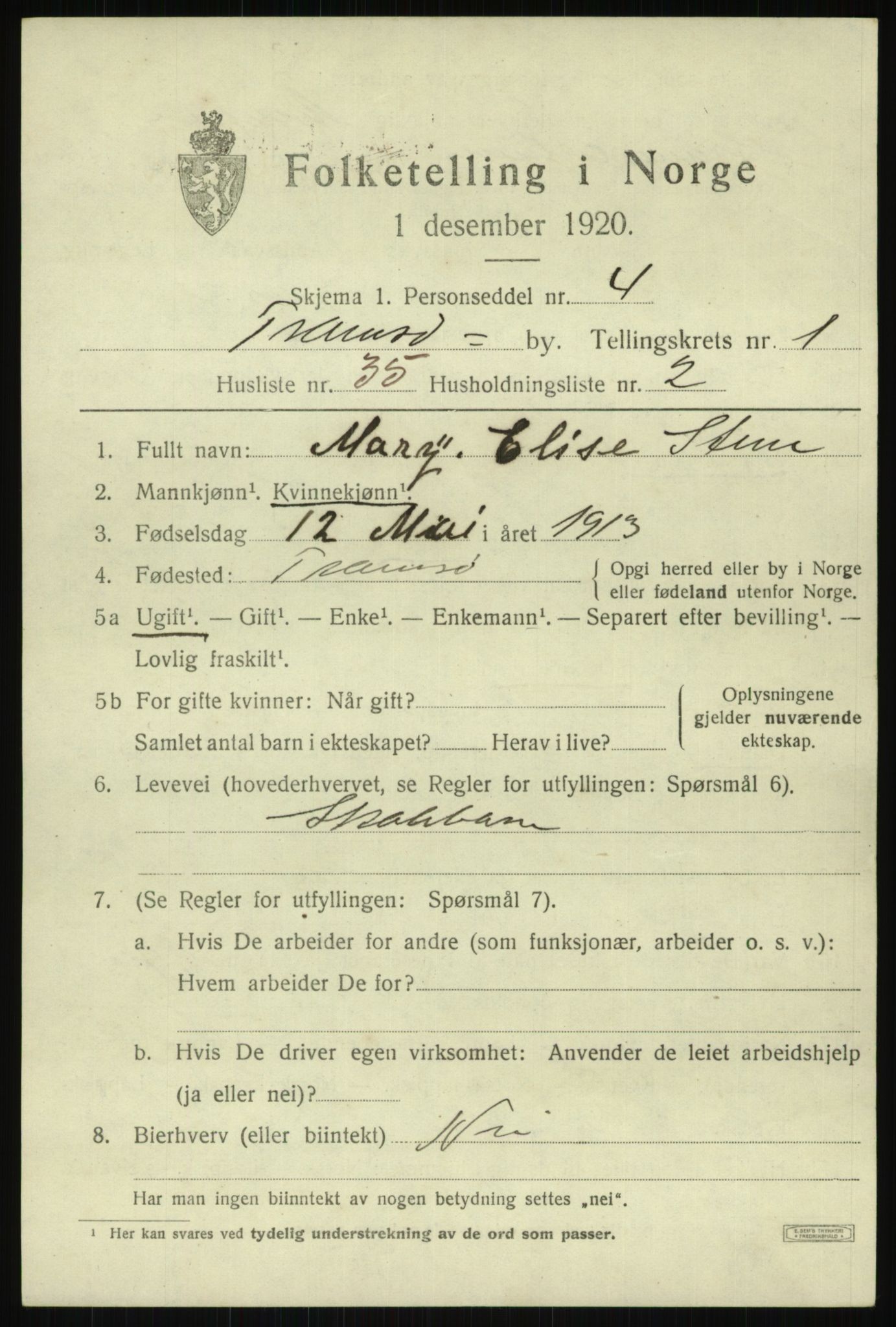 SATØ, 1920 census for Tromsø, 1920, p. 7483