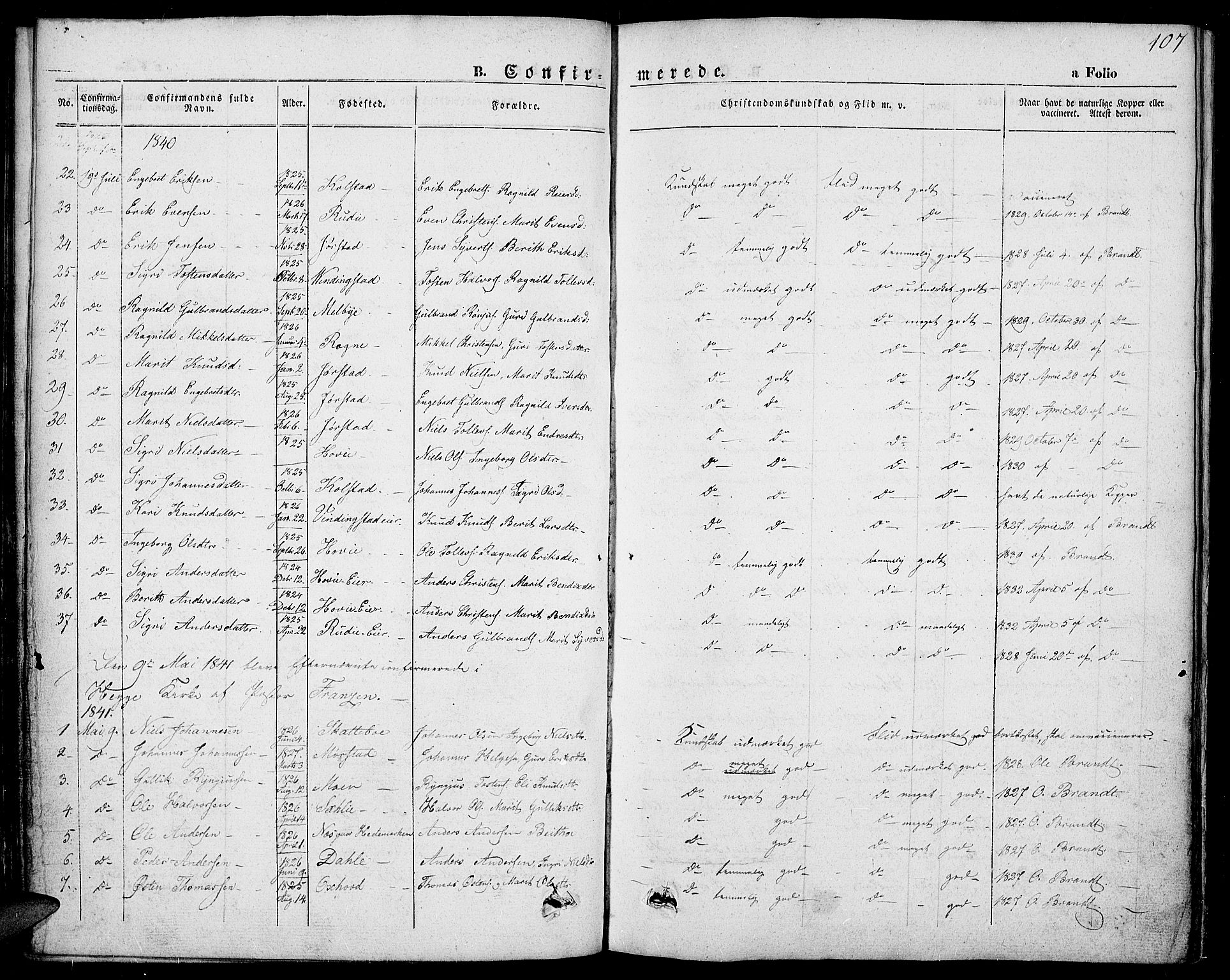 Slidre prestekontor, SAH/PREST-134/H/Ha/Haa/L0004: Parish register (official) no. 4, 1831-1848, p. 107