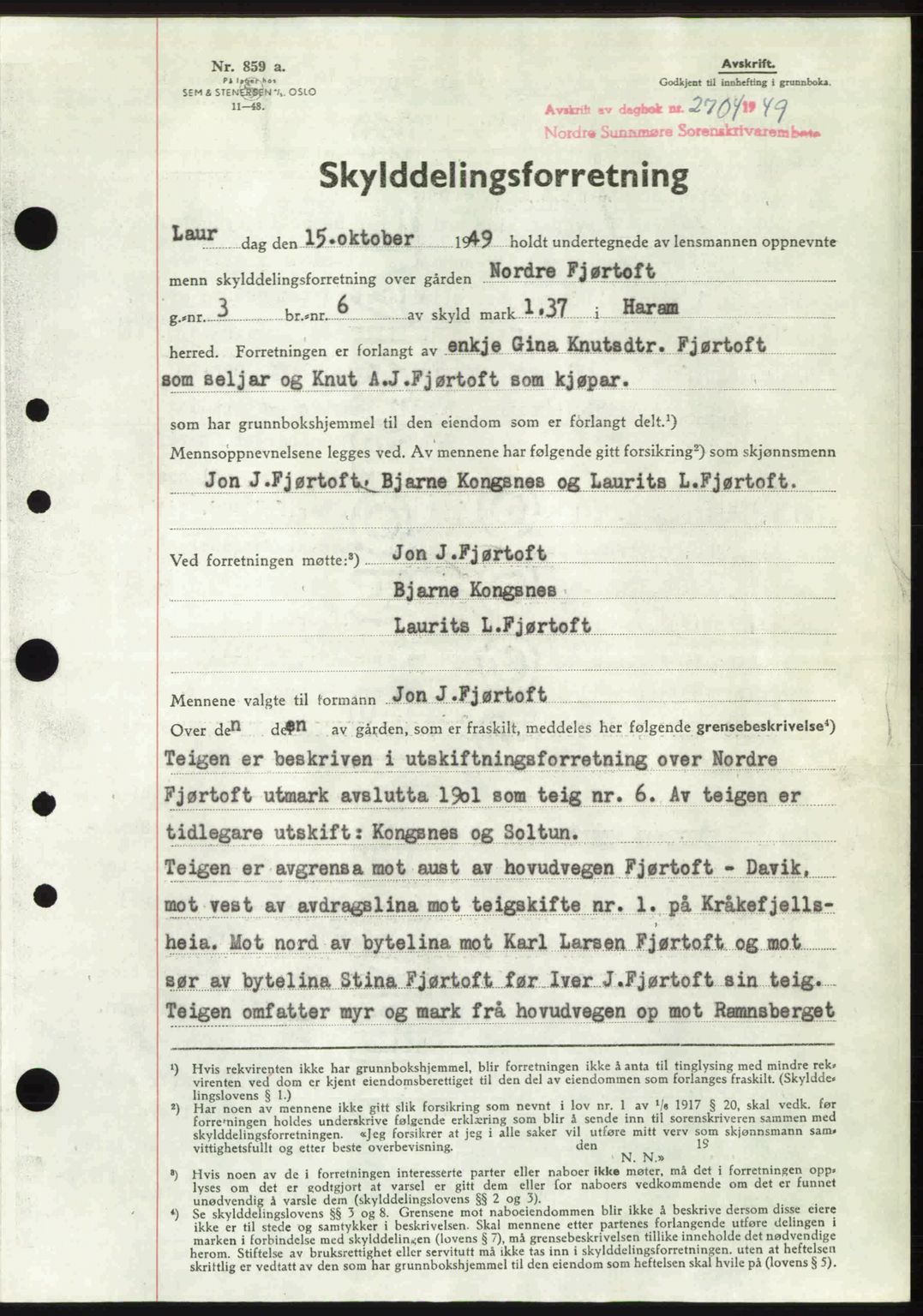 Nordre Sunnmøre sorenskriveri, AV/SAT-A-0006/1/2/2C/2Ca: Mortgage book no. A33, 1949-1950, Diary no: : 2704/1949