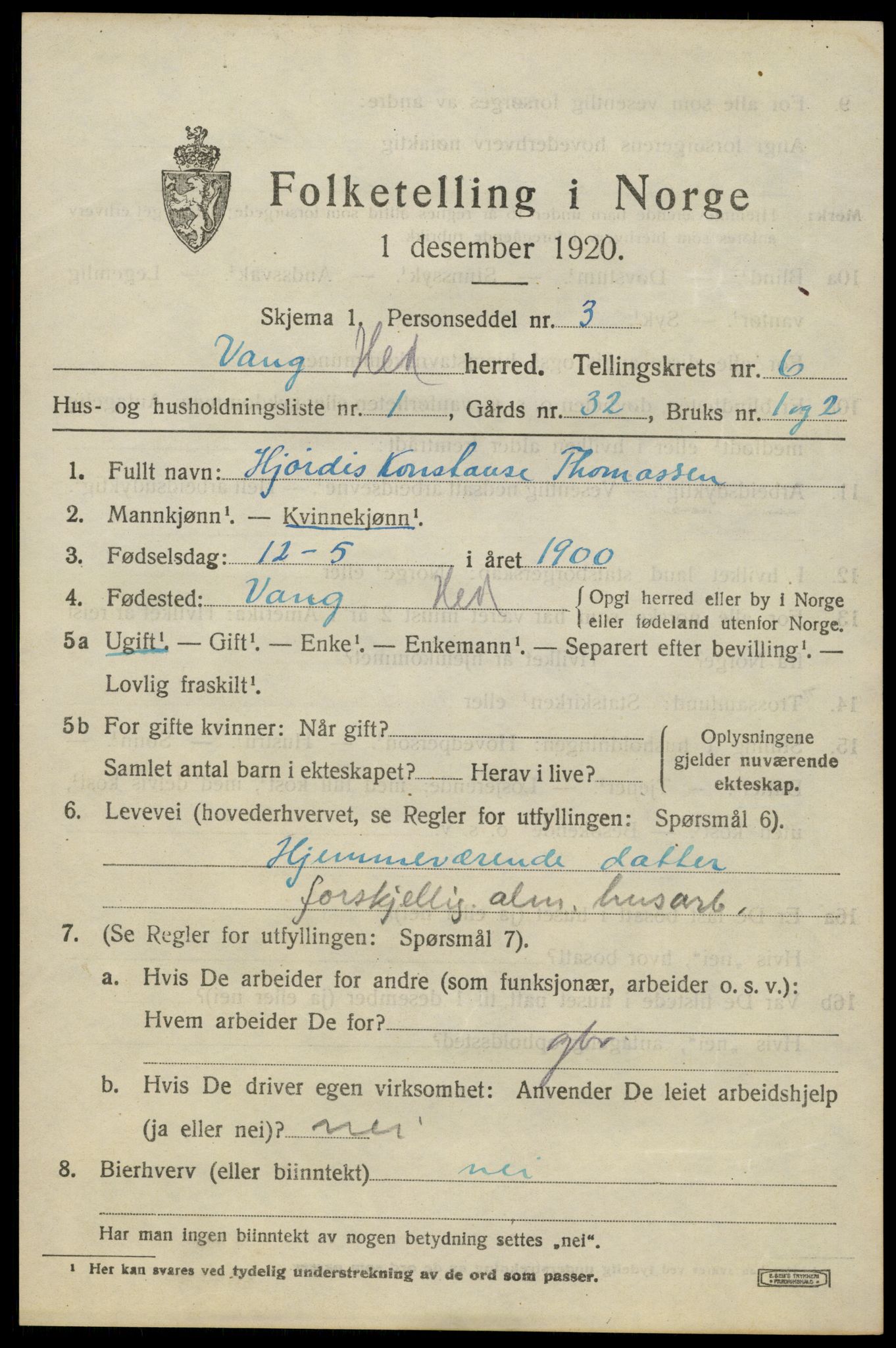 SAH, 1920 census for Vang (Hedmark), 1920, p. 15043