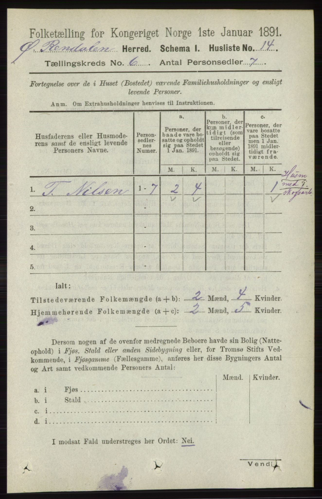 RA, 1891 census for 0433 Øvre Rendal, 1891, p. 1586