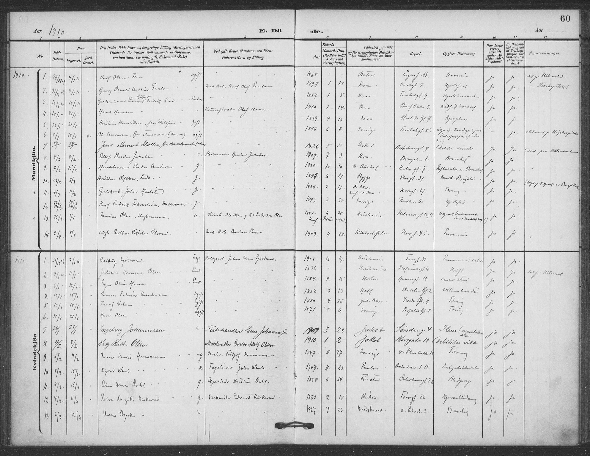 Jakob prestekontor Kirkebøker, SAO/A-10850/F/Fa/L0011: Parish register (official) no. 11, 1906-1920, p. 60