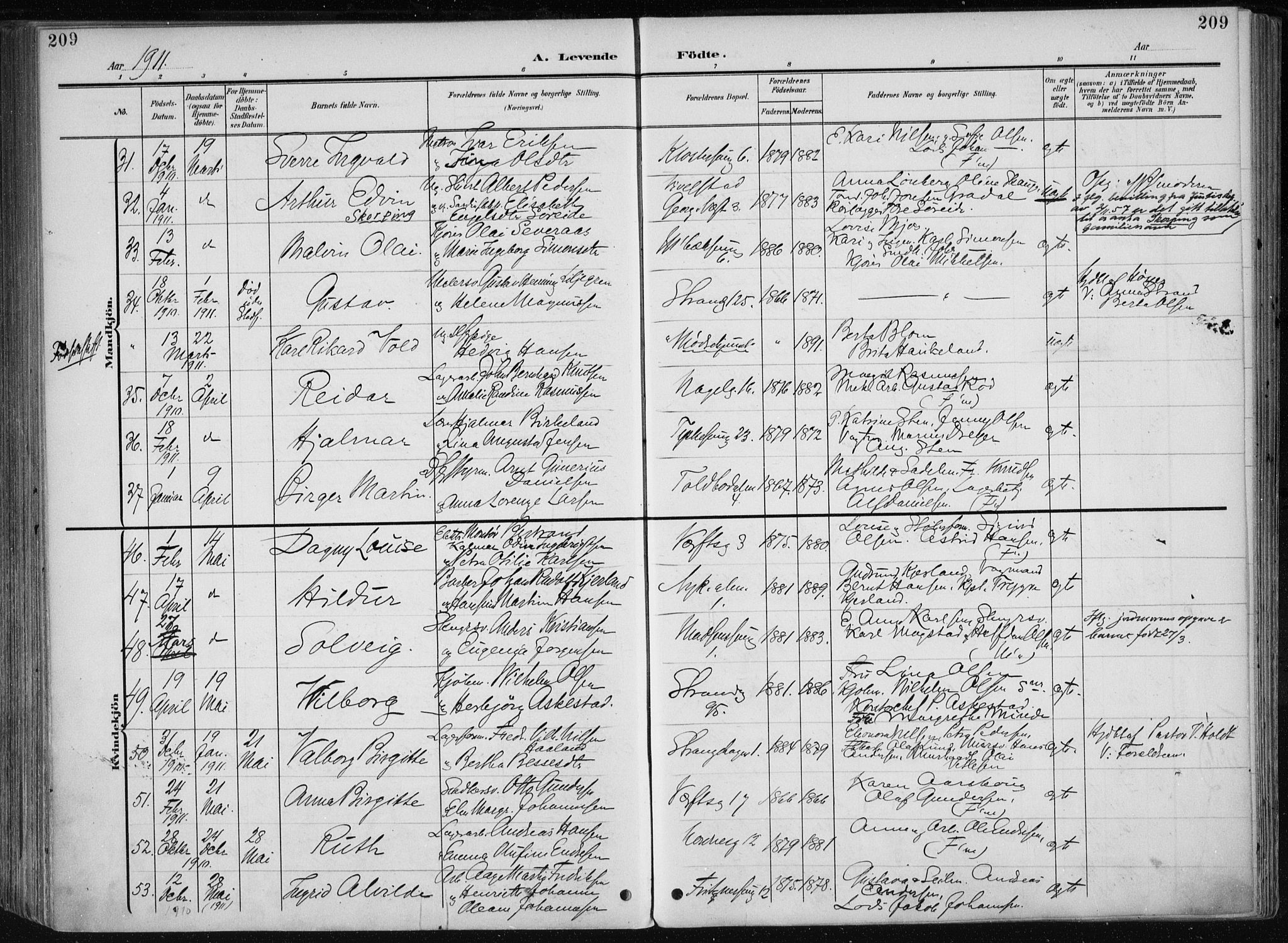 Nykirken Sokneprestembete, AV/SAB-A-77101/H/Haa/L0019: Parish register (official) no. B 7, 1904-1916, p. 209