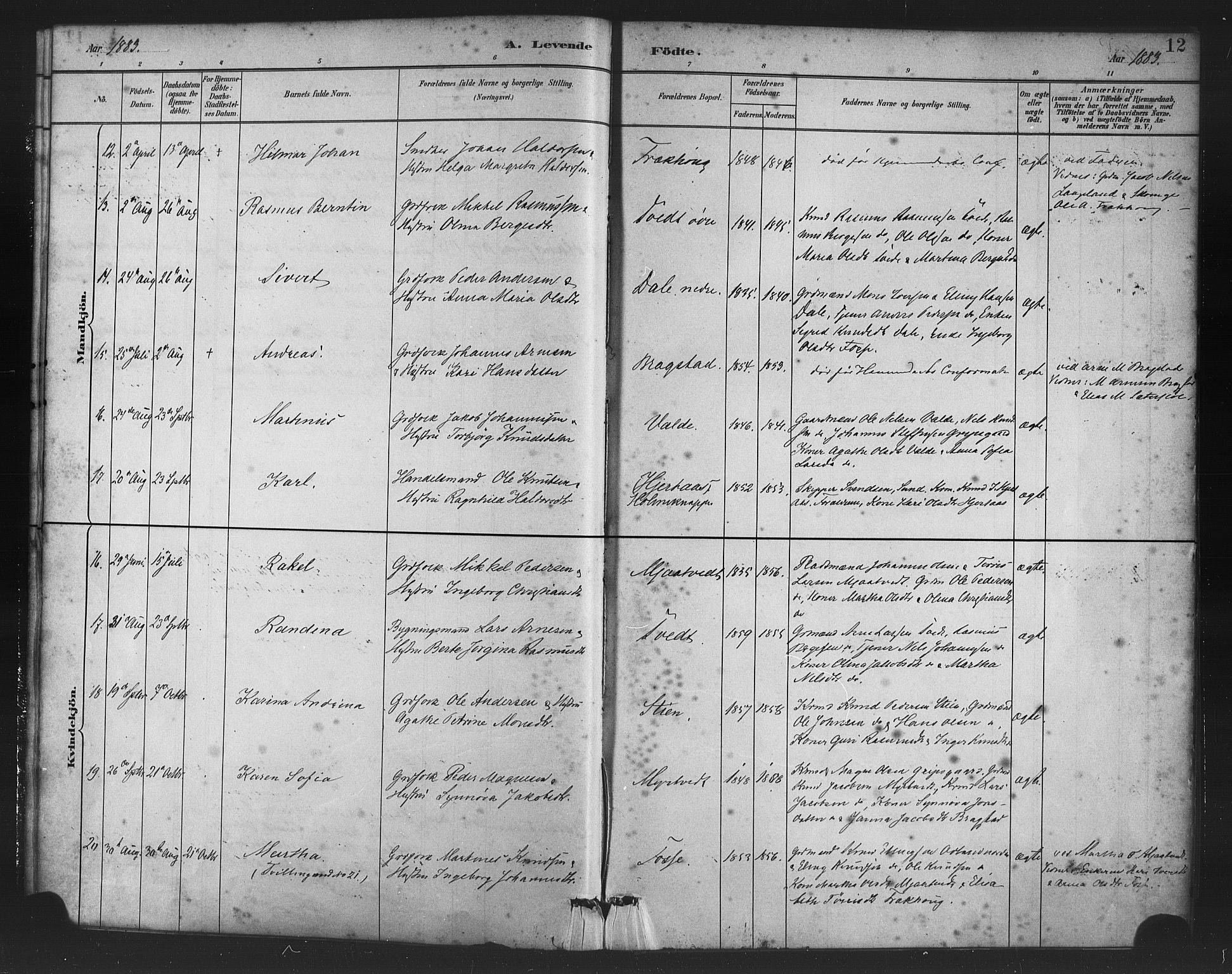 Alversund Sokneprestembete, AV/SAB-A-73901/H/Ha/Haa/Haac/L0001: Parish register (official) no. C 1, 1882-1900, p. 12