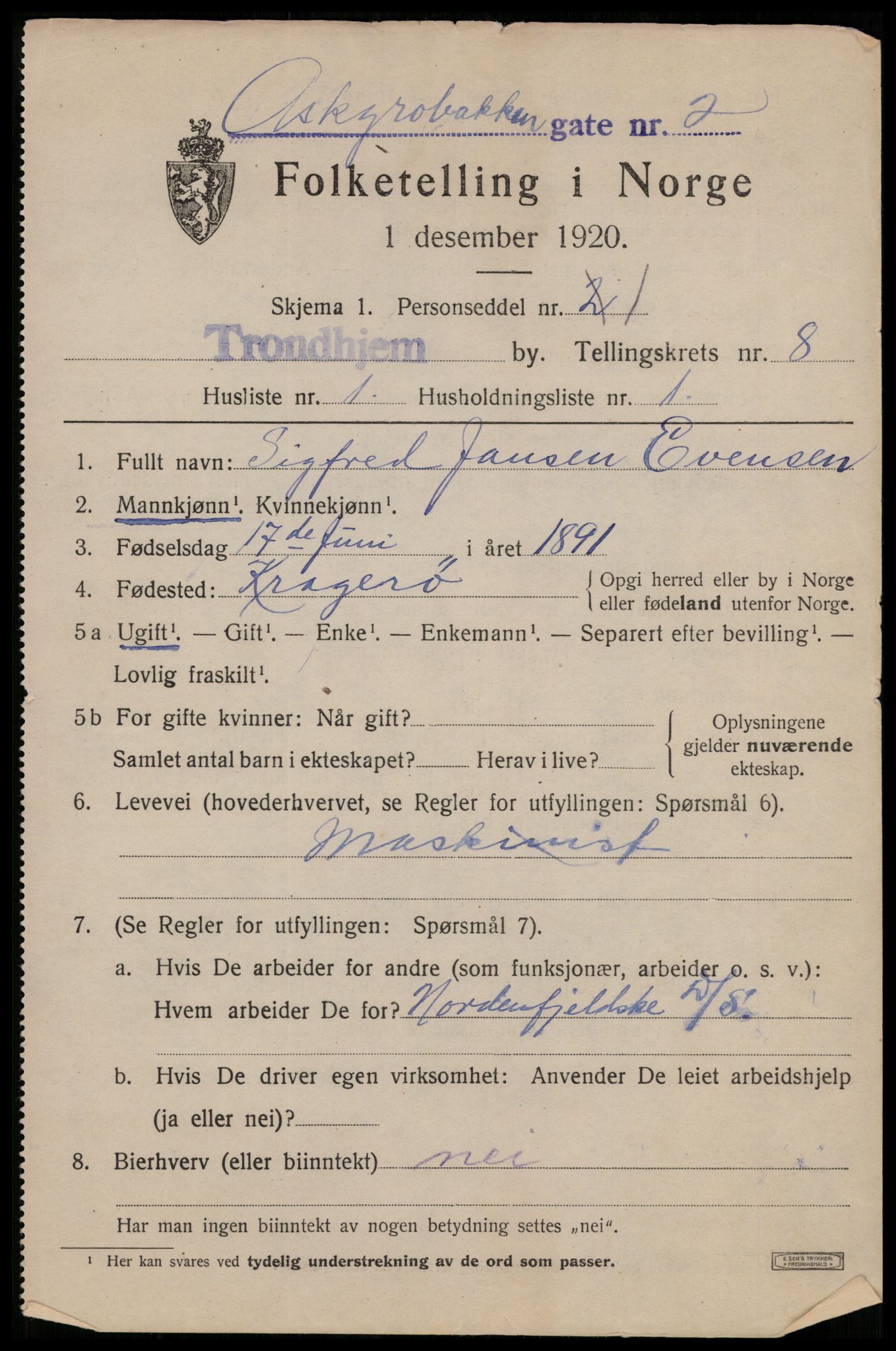 SAT, 1920 census for Trondheim, 1920, p. 42480