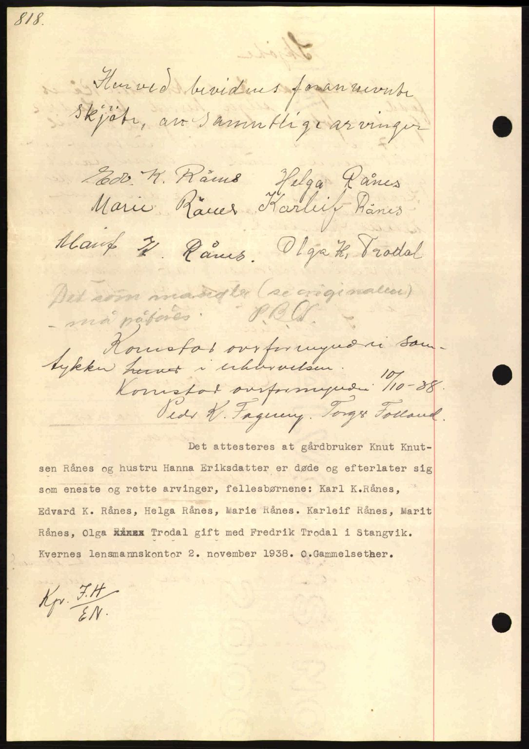 Nordmøre sorenskriveri, SAT/A-4132/1/2/2Ca: Mortgage book no. A84, 1938-1938, Diary no: : 2555/1938