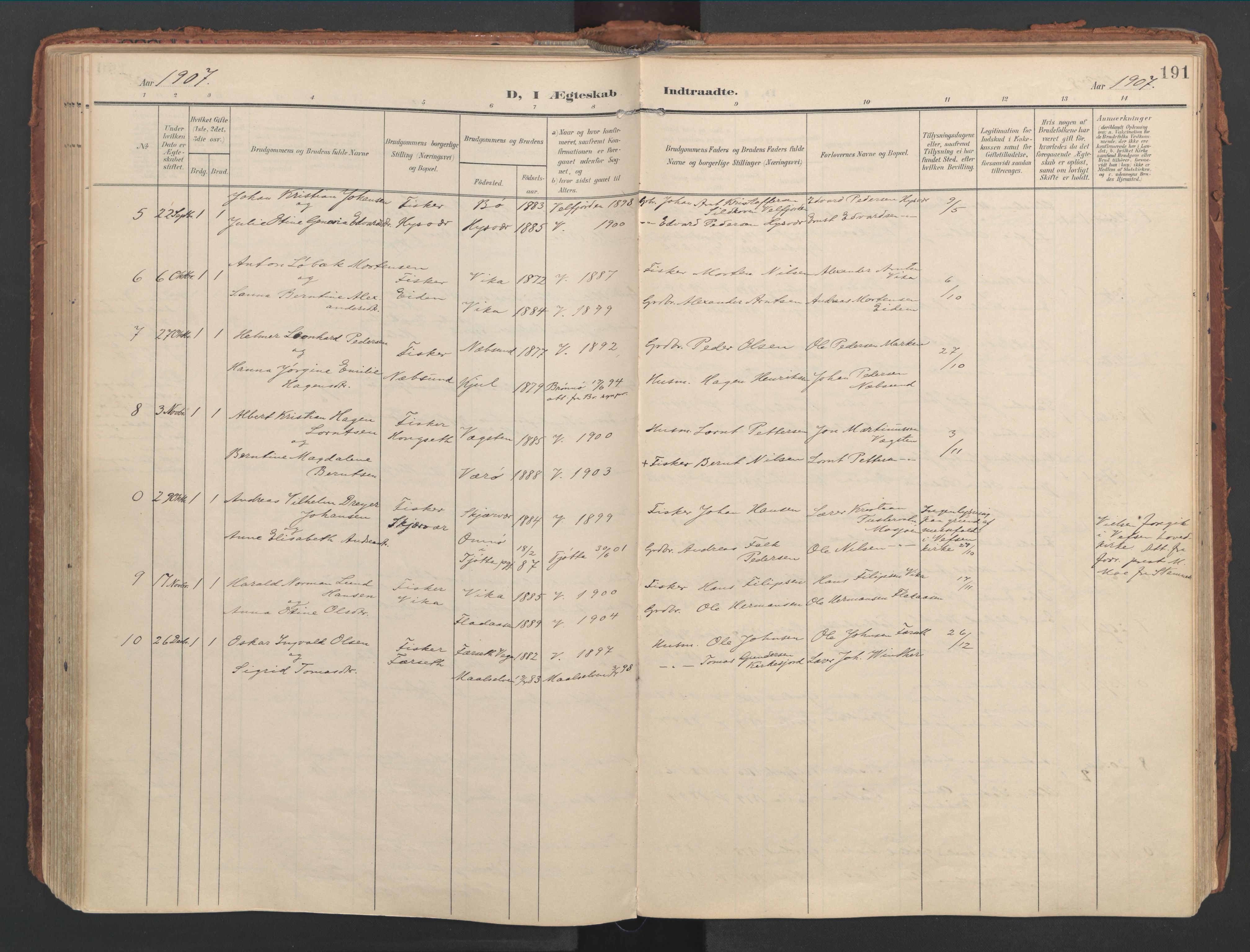 Ministerialprotokoller, klokkerbøker og fødselsregistre - Nordland, AV/SAT-A-1459/816/L0250: Parish register (official) no. 816A16, 1903-1923, p. 191