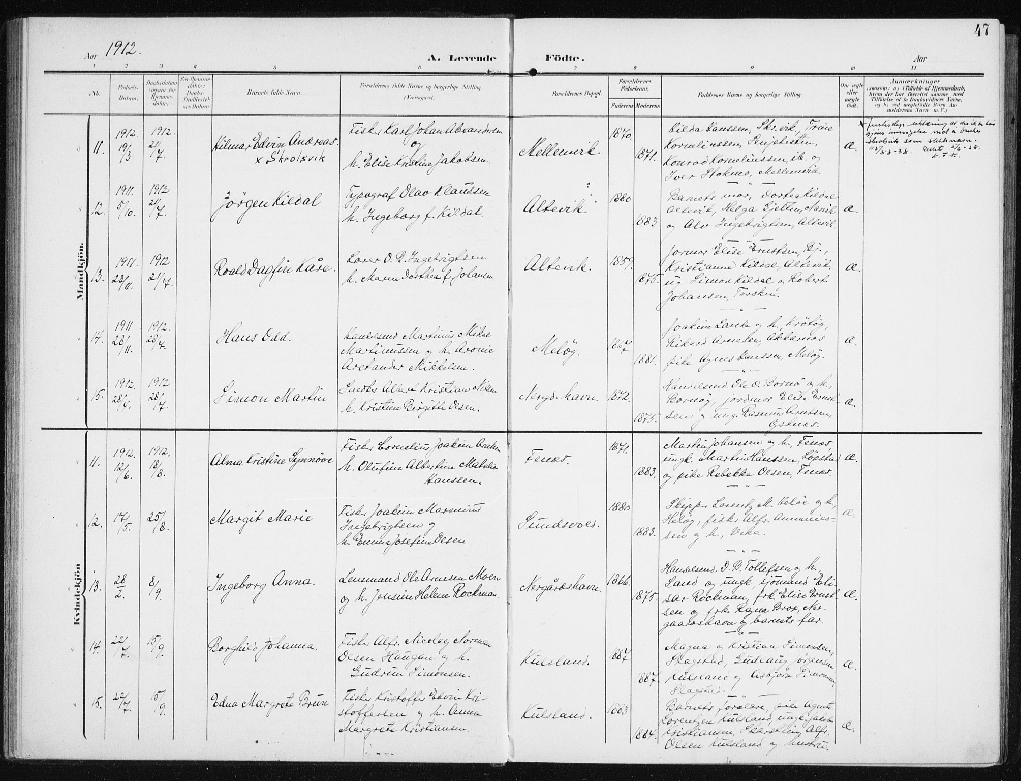 Sand/Bjarkøy sokneprestkontor, AV/SATØ-S-0811/I/Ia/Iaa/L0005kirke: Parish register (official) no. 5, 1905-1914, p. 47