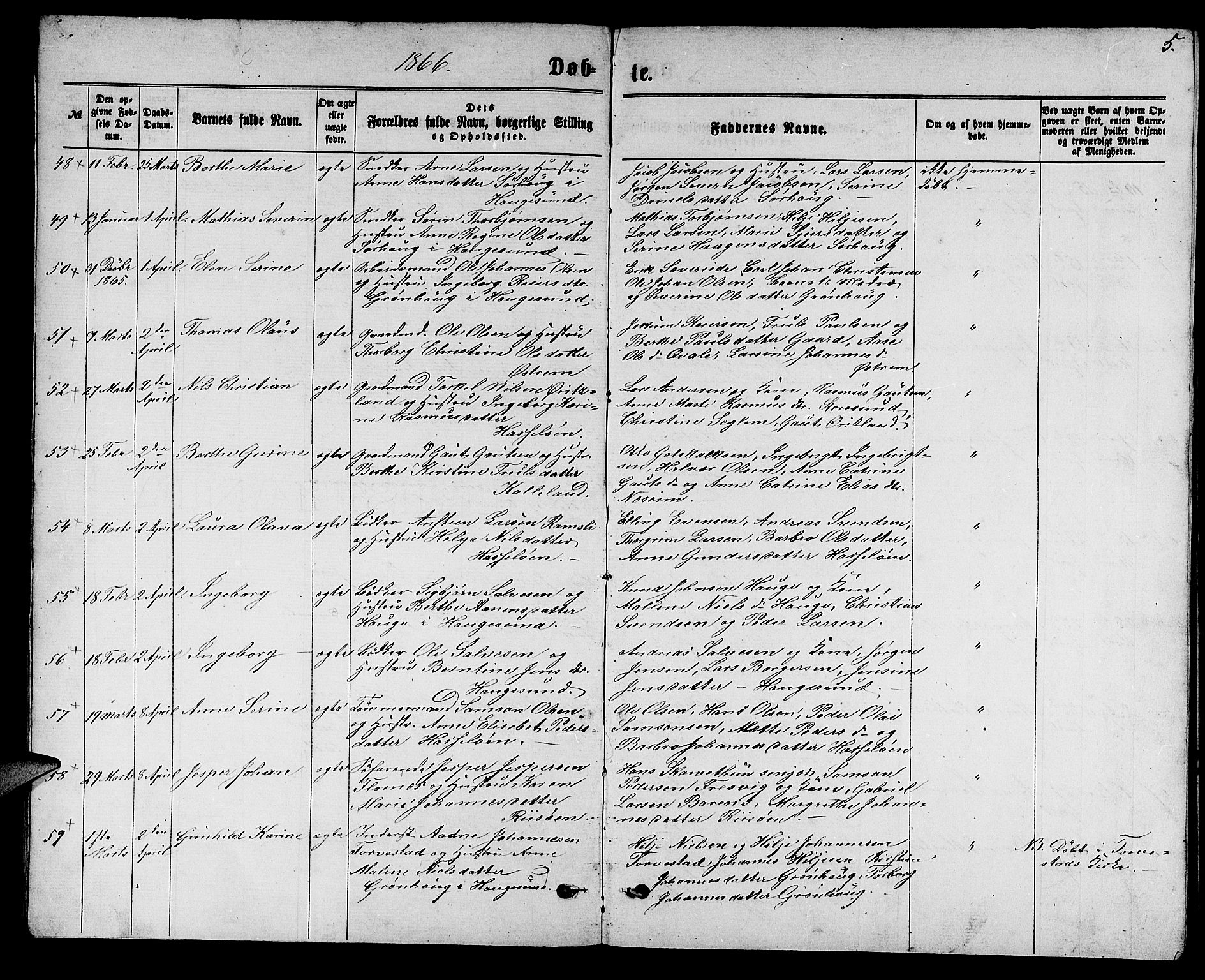Torvastad sokneprestkontor, SAST/A -101857/H/Ha/Hab/L0007: Parish register (copy) no. B 7, 1866-1873, p. 5