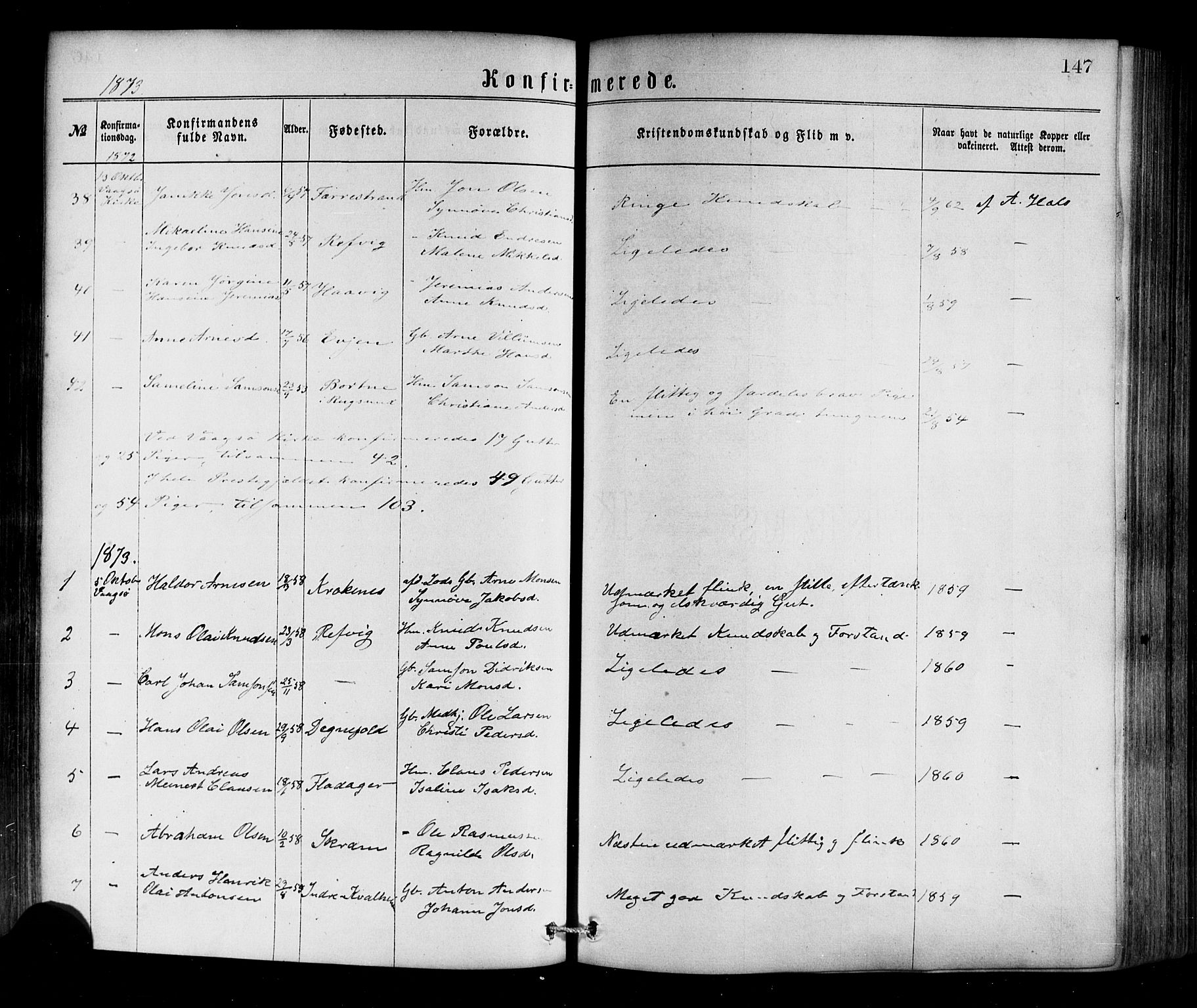 Selje sokneprestembete, SAB/A-99938/H/Ha/Haa/Haaa: Parish register (official) no. A 12, 1870-1880, p. 147