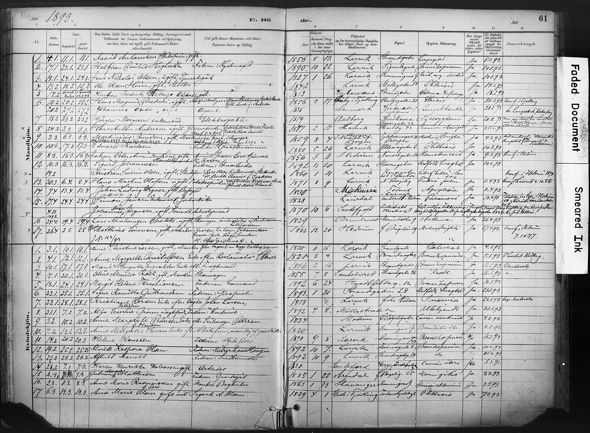 Larvik kirkebøker, AV/SAKO-A-352/F/Fa/L0010: Parish register (official) no. I 10, 1884-1910, p. 61