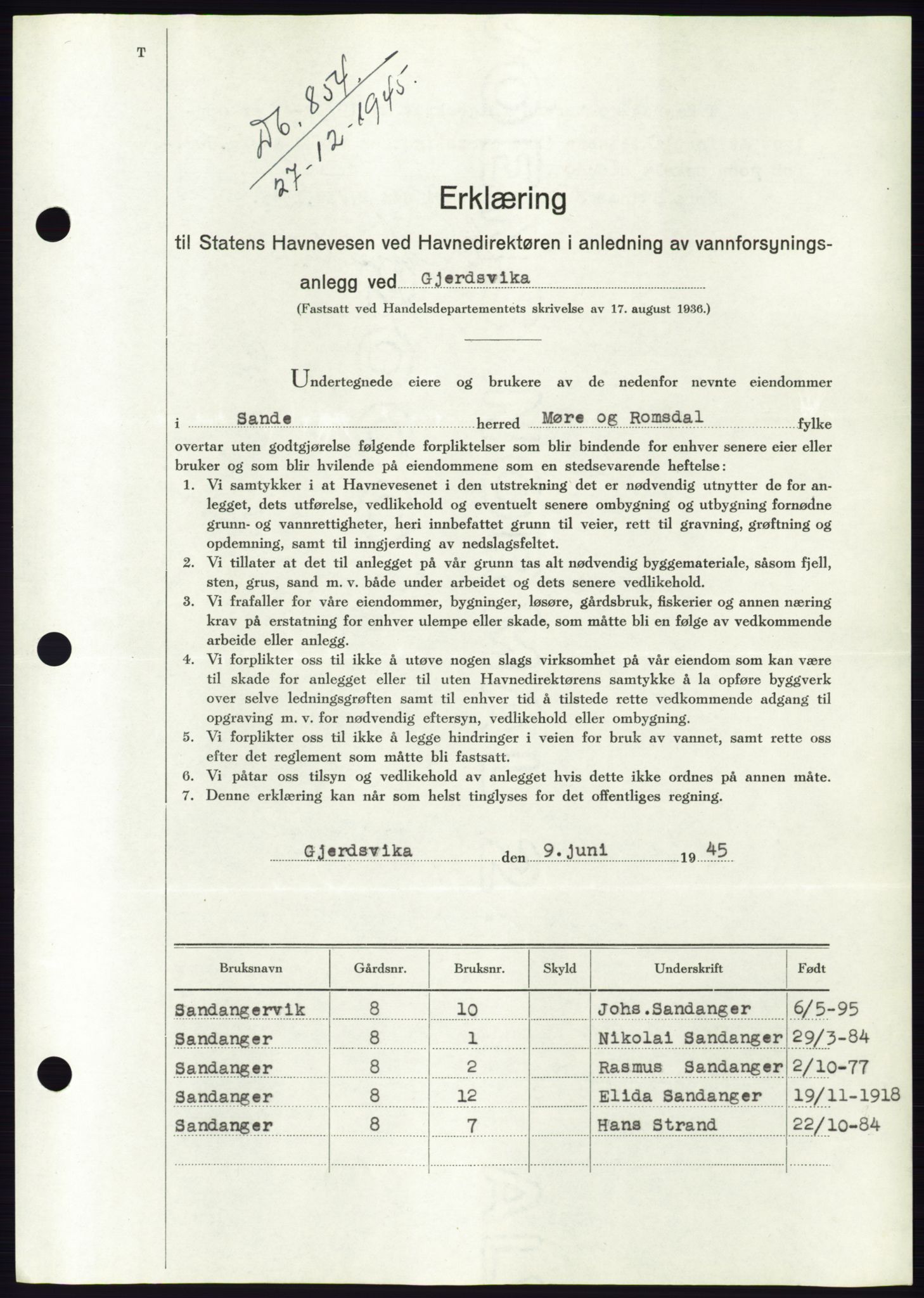 Søre Sunnmøre sorenskriveri, AV/SAT-A-4122/1/2/2C/L0077: Mortgage book no. 3A, 1945-1946, Diary no: : 854/1945