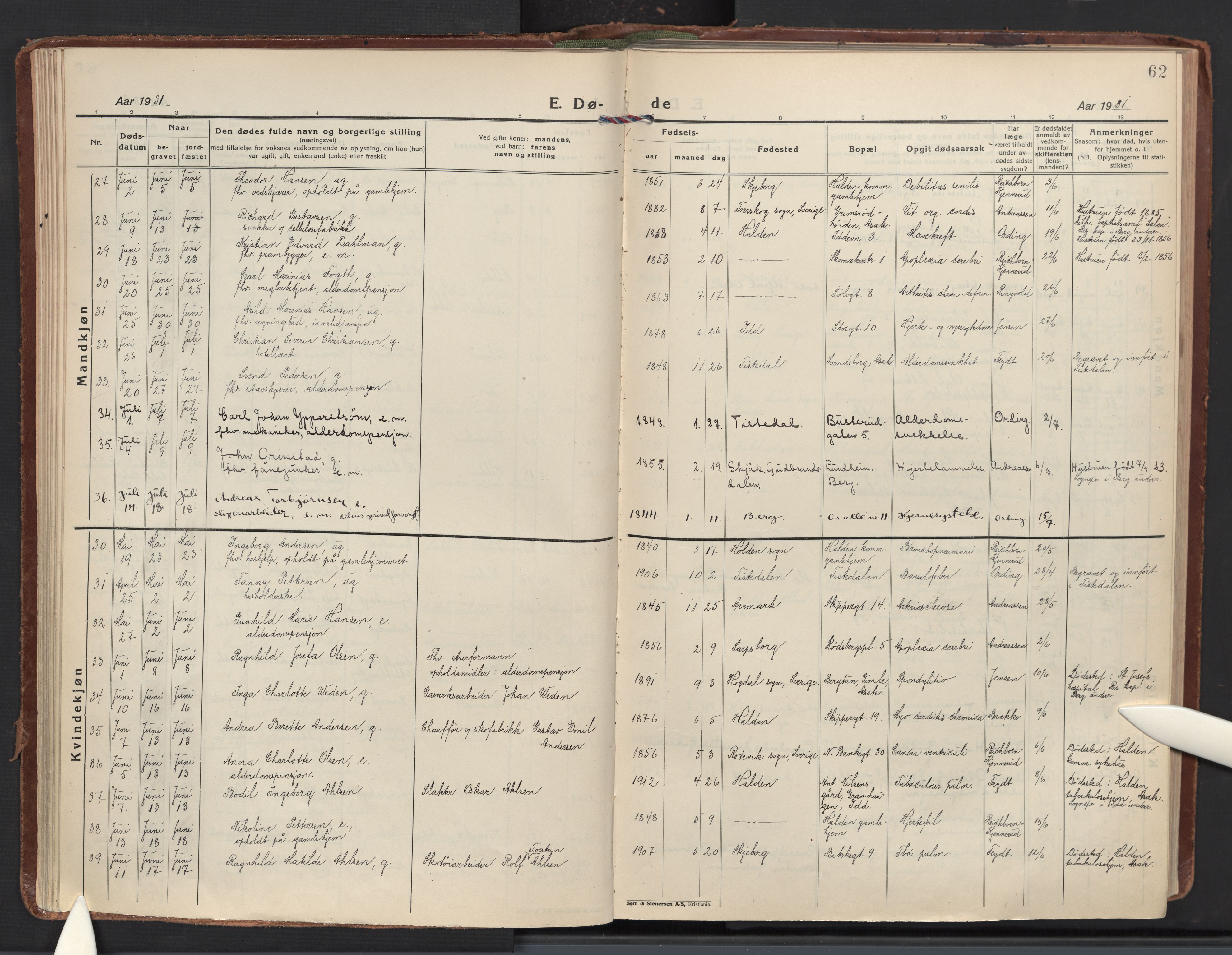 Halden prestekontor Kirkebøker, SAO/A-10909/F/Fa/L0020: Parish register (official) no. I 20, 1925-1941, p. 62