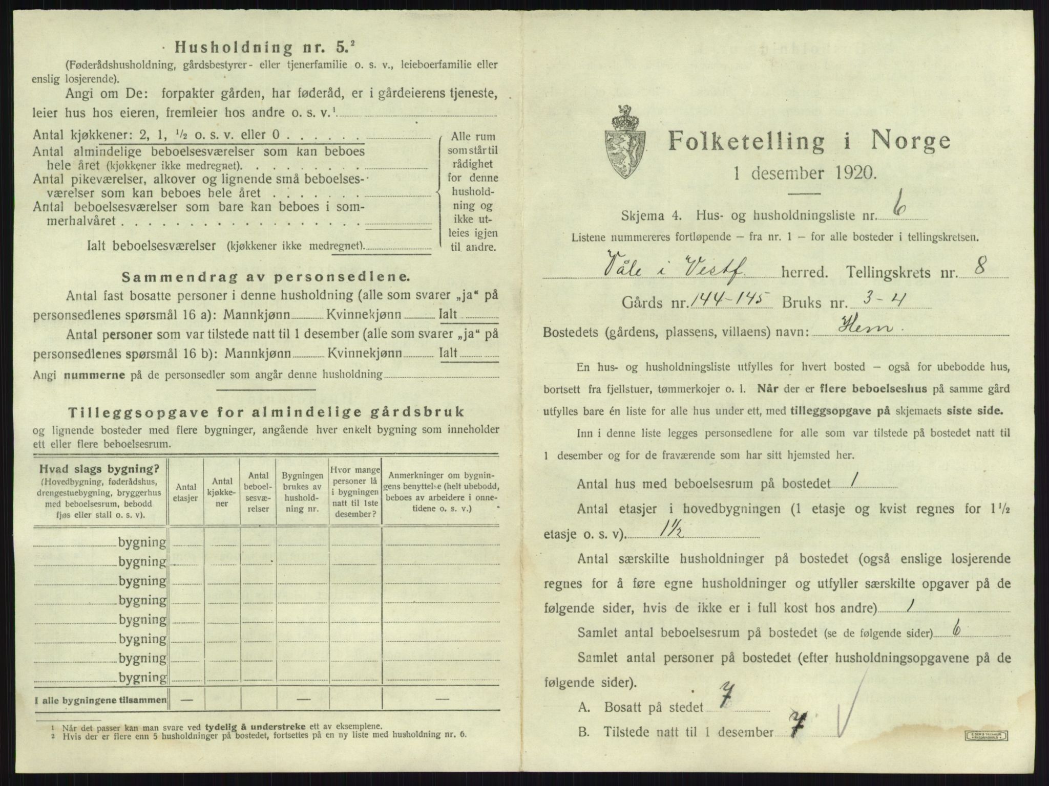 SAKO, 1920 census for Våle, 1920, p. 984