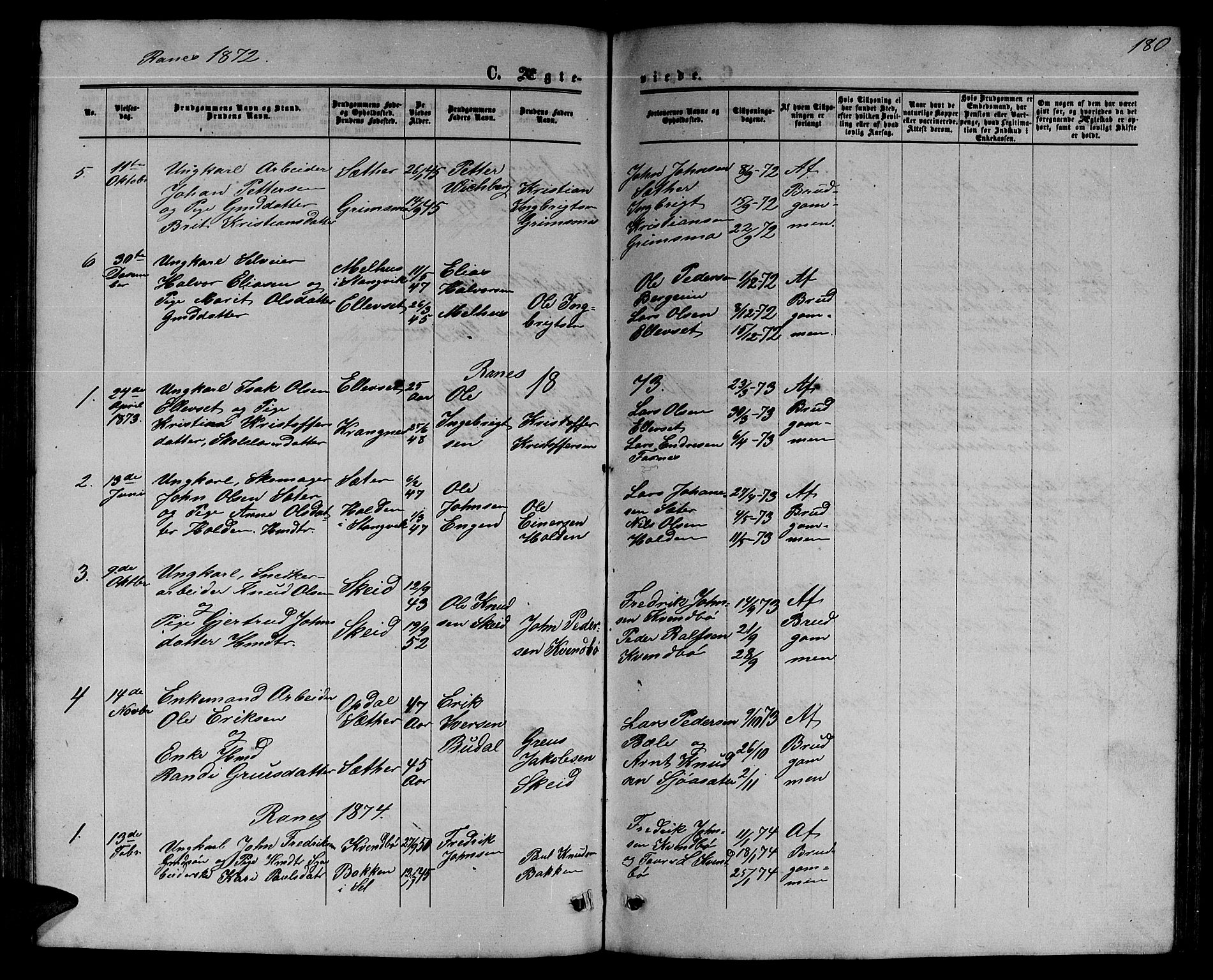 Ministerialprotokoller, klokkerbøker og fødselsregistre - Møre og Romsdal, SAT/A-1454/595/L1051: Parish register (copy) no. 595C03, 1866-1891, p. 180